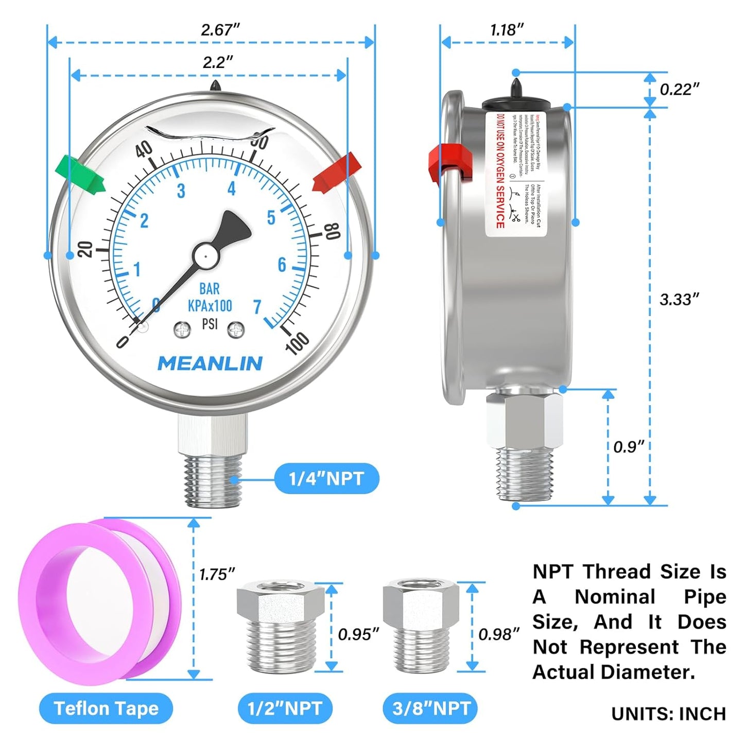 MEANLIN MEASURE 0~100Psi Stainless Steel Liquid Filled Pressure Gauge 2.5" FACE DIAL 1/4" NPT for Well Pump Tire Water Pressure Tester Lower Mount with Stainless Steel Hex Bushing and Snaps