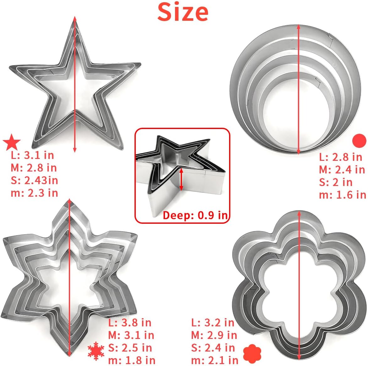 Basic Cookie Cutters 16Pcs, Star Round Flower Snow Shapes Cookie Cutter 4 Size, Biscuit Fondant Cutters Pancake Molds for Baking Decorating Daily Holiday Birthday Party