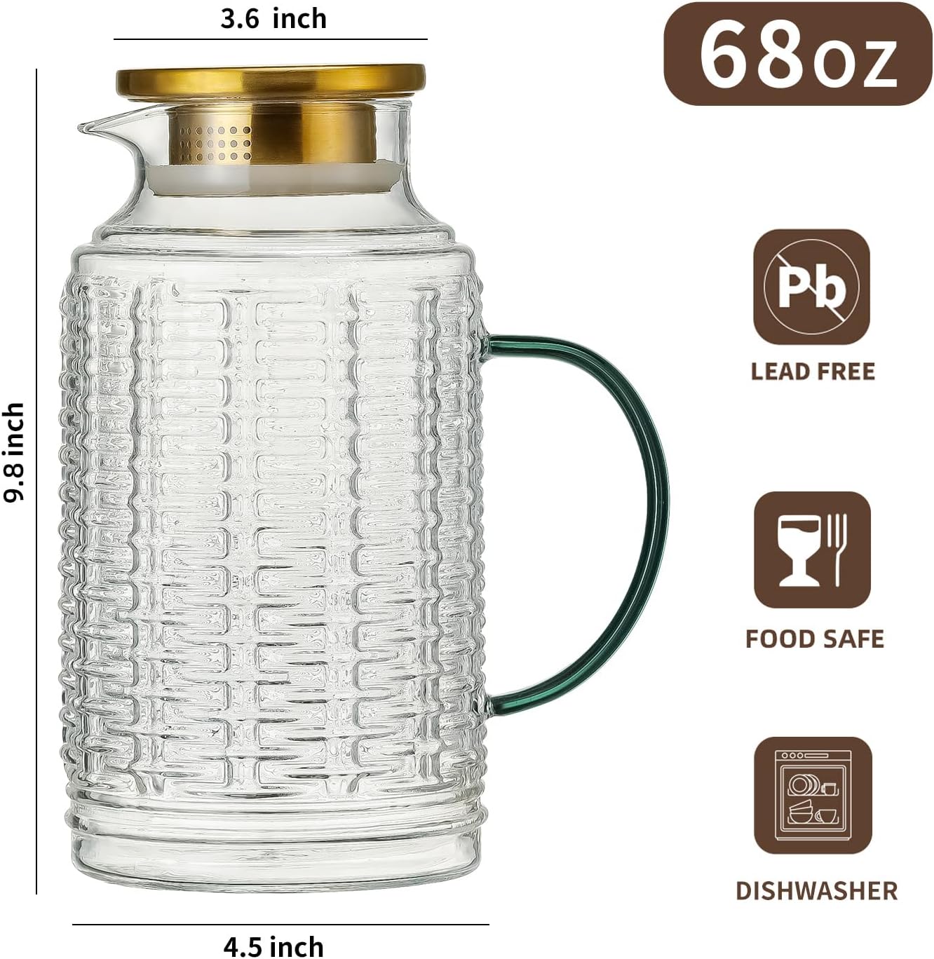 Glass Pitcher with Lid, 2 PACK 68 oz/2 Liter Vintage Water Pitcher, Clear Borosilicate Glass Water Carafe for Cold Brew, Coffee, Lemonade, Iced Sun Tea,Beverage, Milk, Heat Resistant