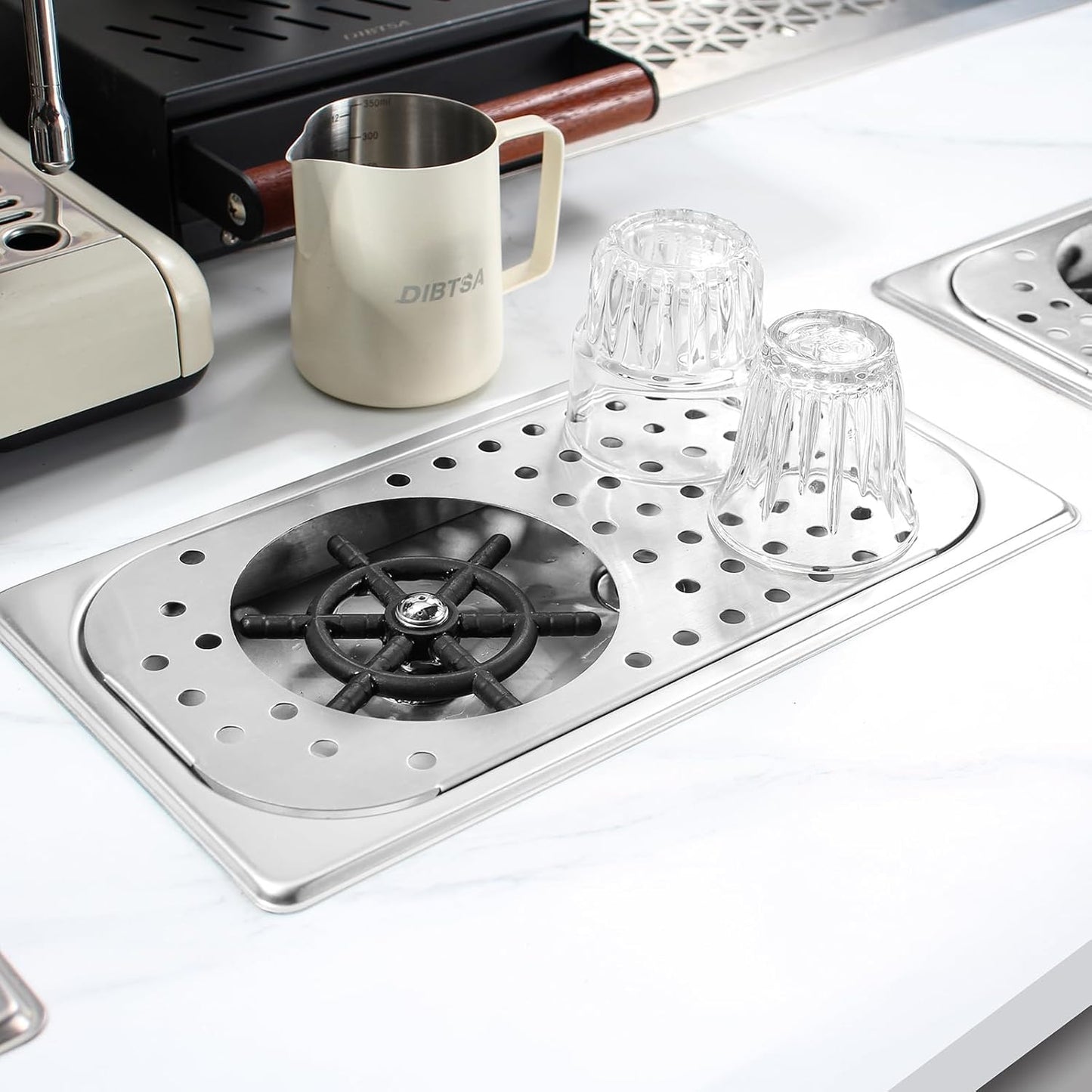 DIBTSA Pitcher Rinser, Espresso Rinser, Drain and Drip Tray, Stainless Steel Bar Glass Rinser for Sink, Cup Washer Spray Rinser for Home Kitchen Hotel Cafe Restaurant (12.8 x 6.9 x 0.9 inch,Silver)