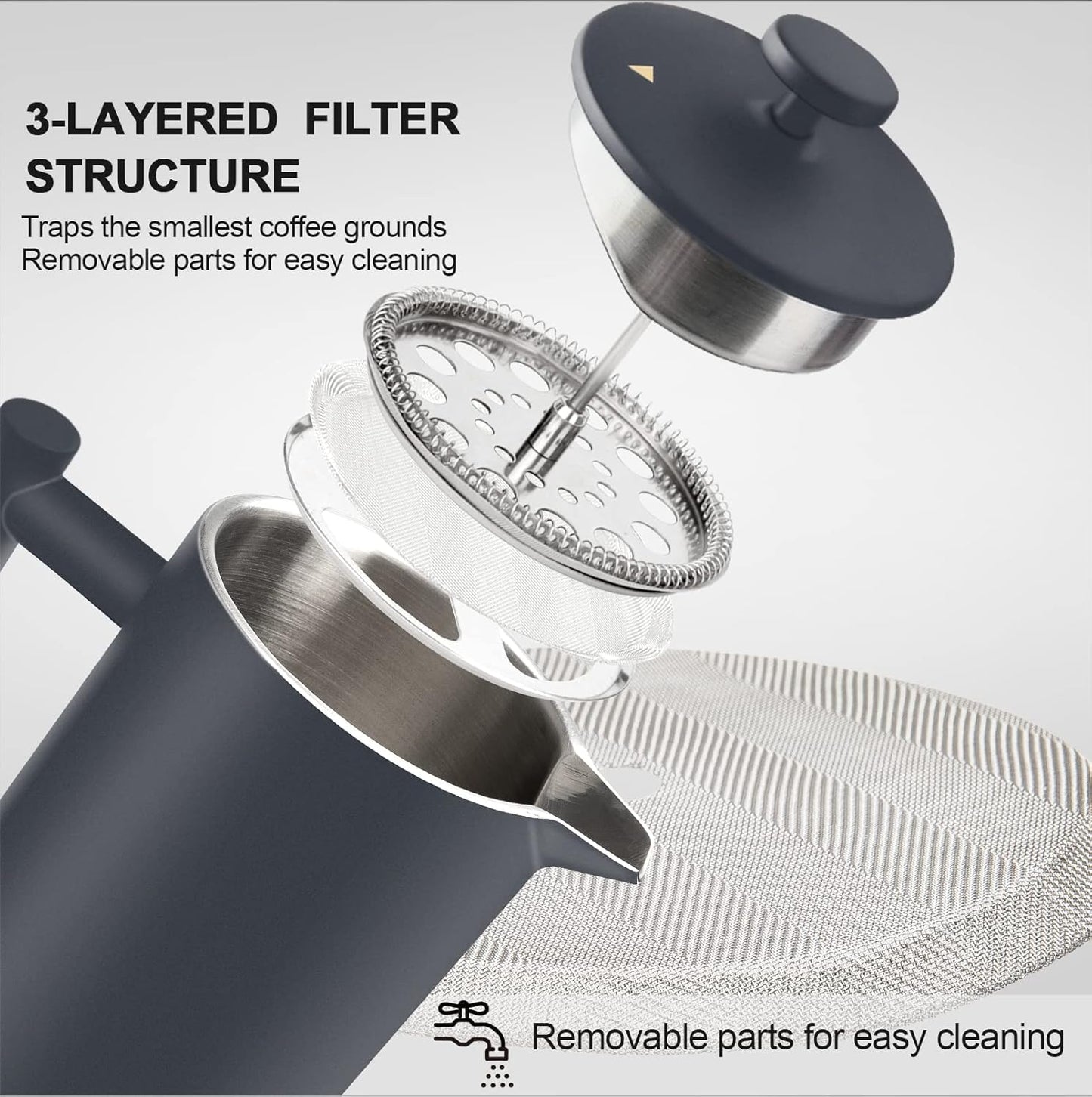 Secura French Press Coffee Maker, 304 Grade Stainless Steel Insulated Coffee Press with 2 Extra Screens, 34oz (1L), Grey