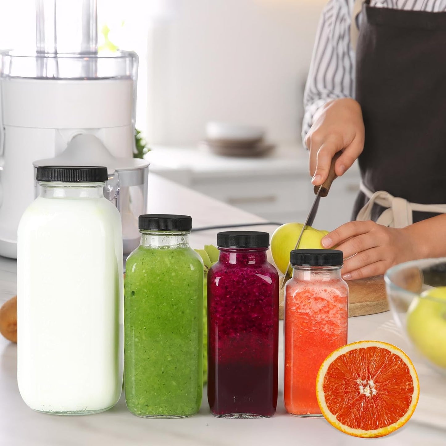 16 oz Glass Juice Bottles with Lids 6 Pack,Reusable Glass Drink Bottles,500ml Water Drinking Jars for Milk,Juicing,Kombucha,Ginger,Beverage Glassware,Juice Drinking Jars