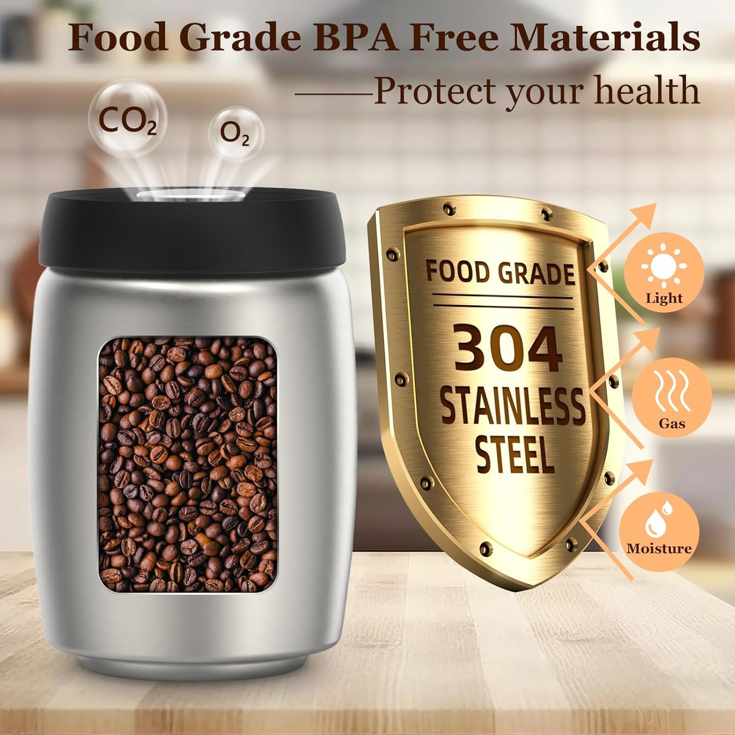 Coffee Vacuum Canister,800ml/10.7oz Stainless Steel Coffee bean Container,Food Storage Container with Airtight Lid,Push Out Excess Air Preserve Food Freshness
