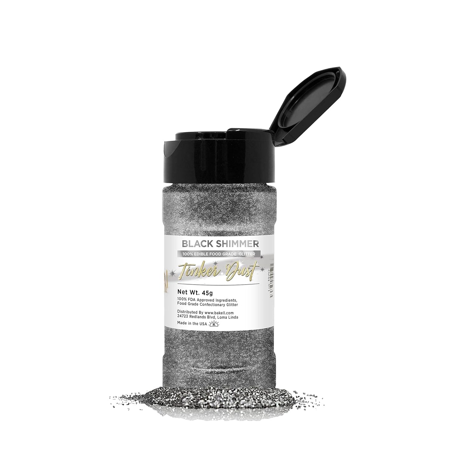 BAKELL Black Shimmer Edible Glitter, 45 Grams | TINKER DUST Edible Glitter | KOSHER Certified | 100% Edible Glitter | Cakes, Cupcakes, Cake Pops, Drinks, Dessert Vegan Glitter & Dusts (45g Shaker, Black Shimmer)