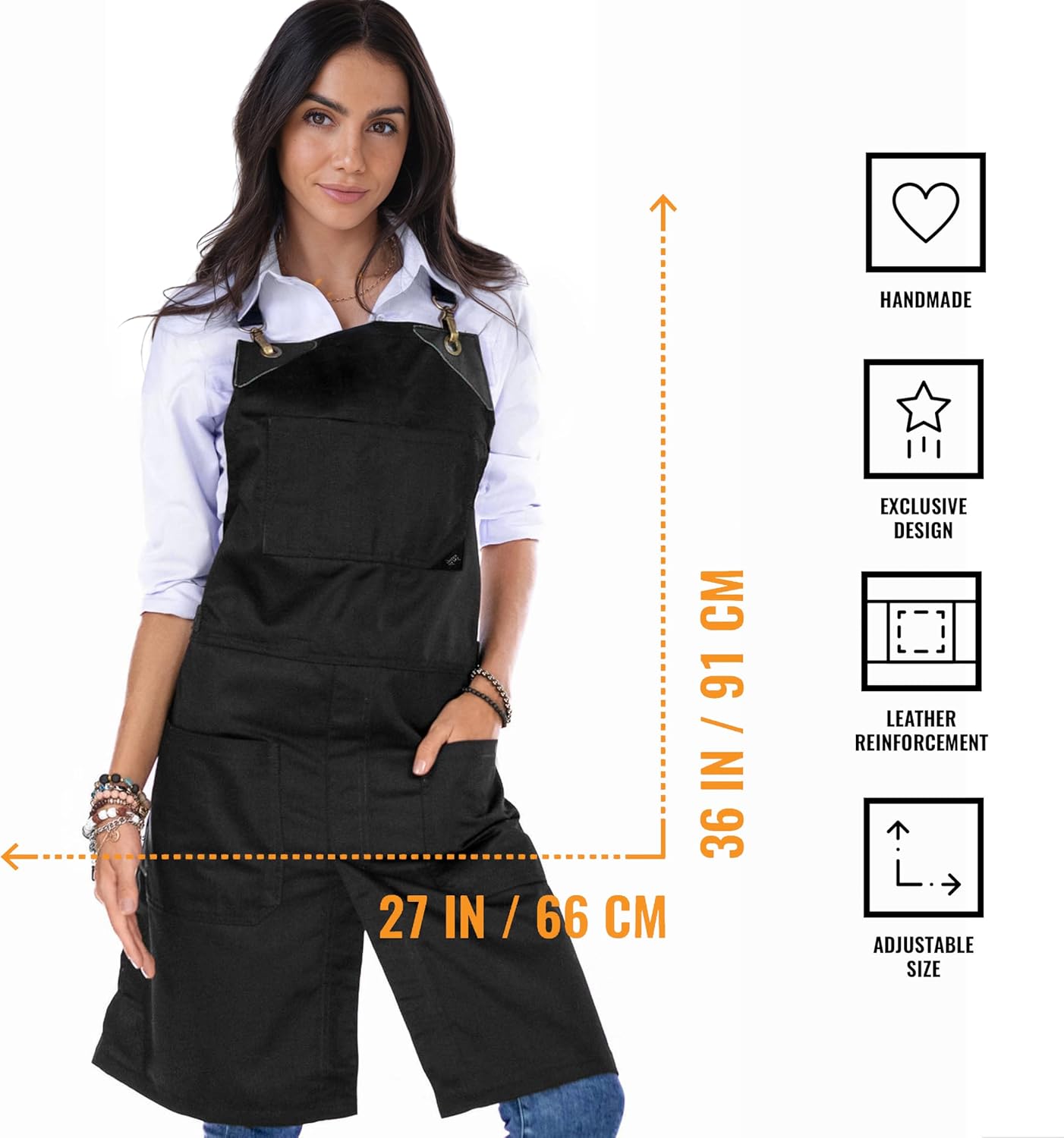 Under NY Sky Cross-Back Deep Black Apron - Durable Twill with Leather Reinforcement and Split-Leg - Adjustable for Men and Women - Pro Chef, Tattoo, Baker, Barista, Bartender, Stylist, Server Aprons
