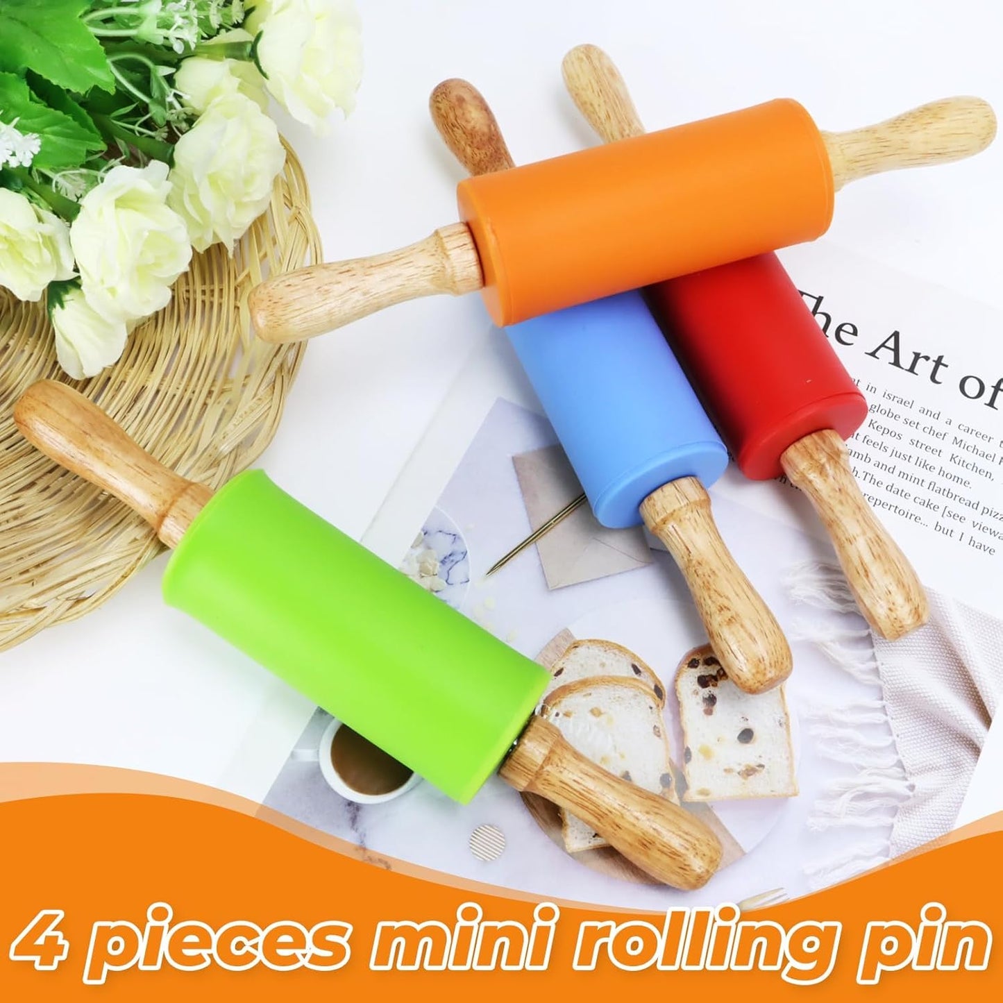 4 Pack Mini Rolling Pin for Kids, 9 Inch Wooden Handle Rolling Pin Non-Stick Silicone Rolling Pins for Children Cake Baking