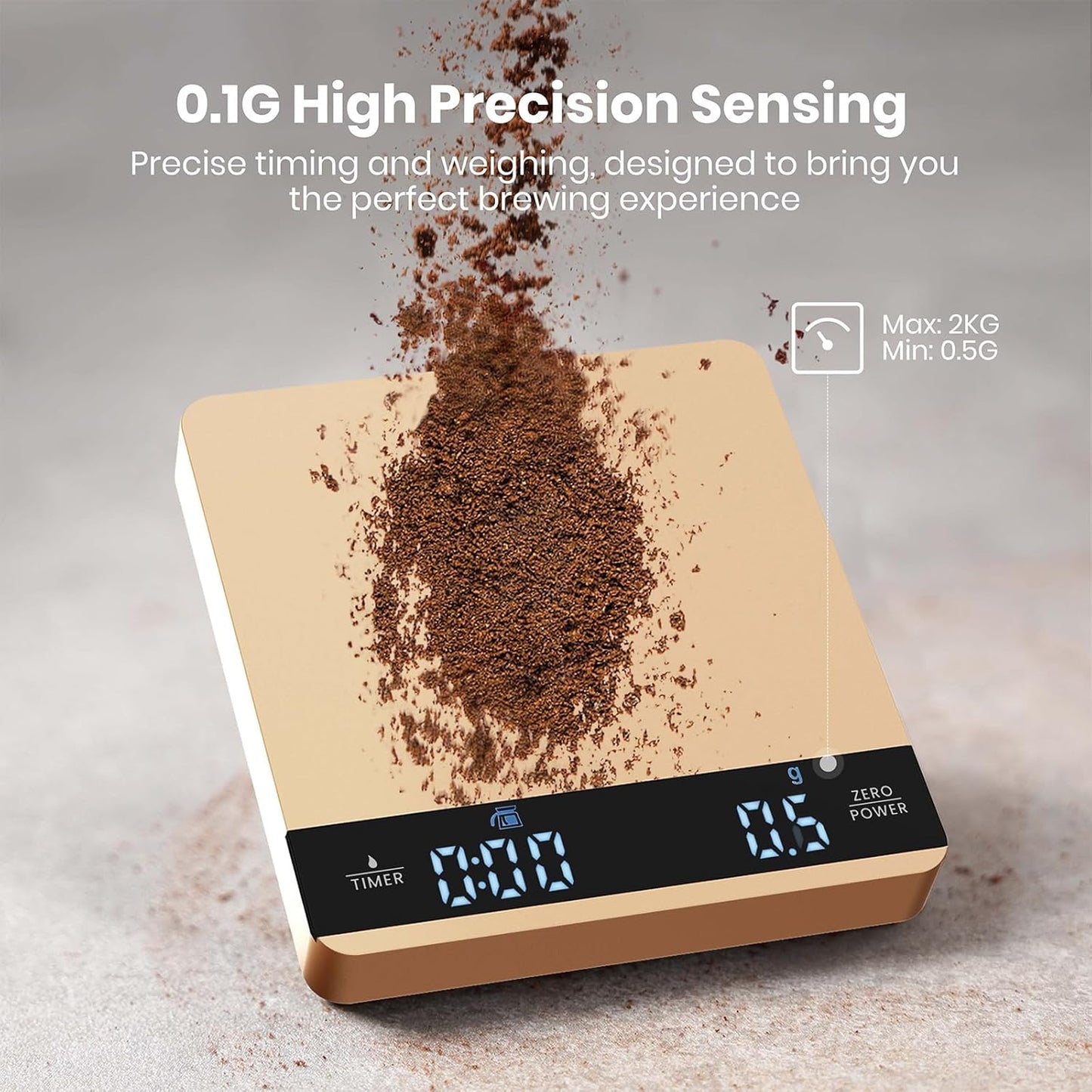 Mini Coffee Scale with Timer, Maestri House Rechargeable Espresso Scale, 2kg/0.1g Accurate Scale for Espresso and Pour-Over Coffee, Portable Digital Kitchen Scale with Automatic Timing-Gold