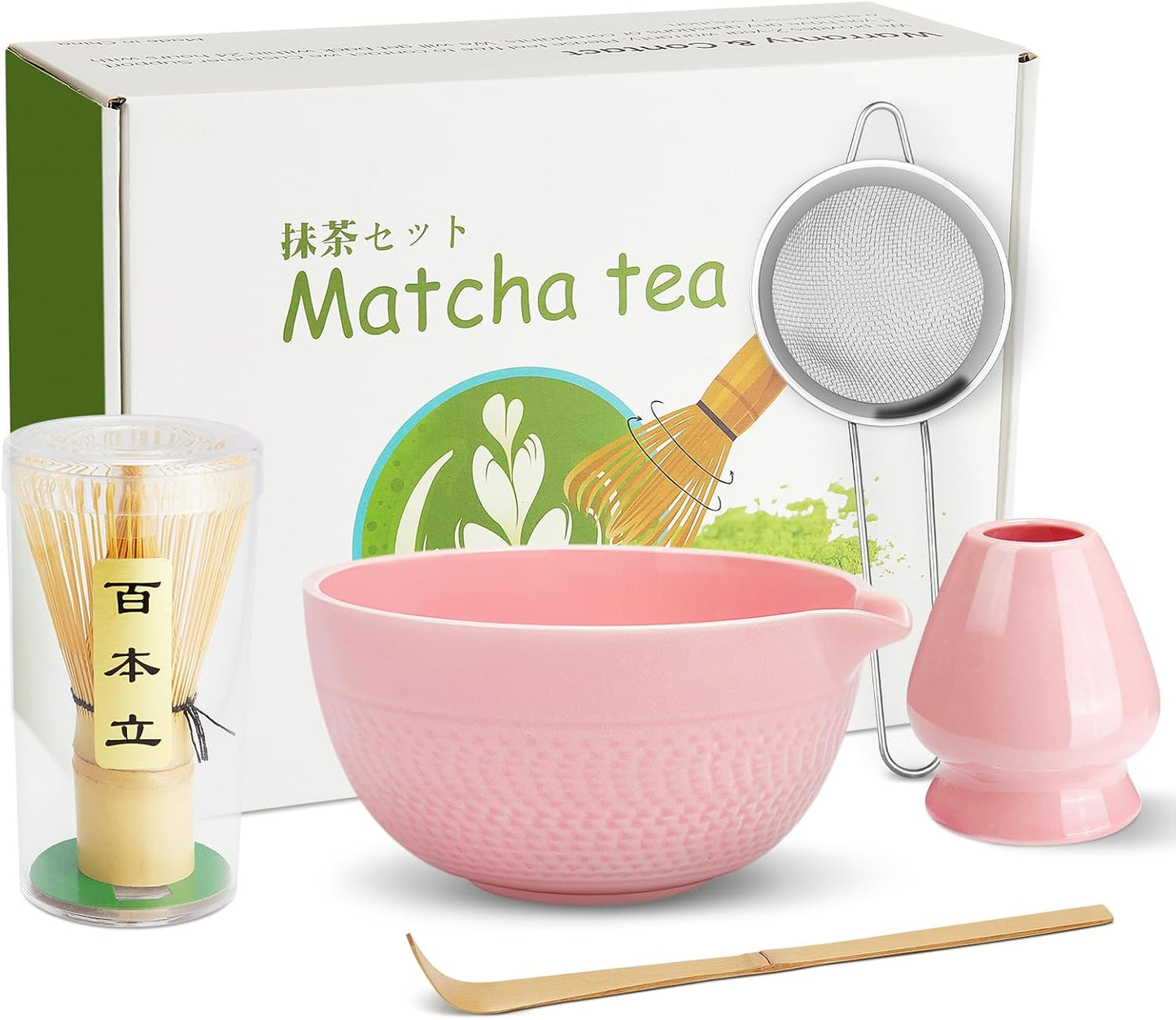 Matcha Whisk Set Pink, Ceramic Matcha Set Included Matcha Bowl with Spout, Matcha Whisk and Holder, Sifter, Bamboo Scoop, 5 Pcs Matcha Bowl and Whisk Kit for Matcha Lovers for Birthday Christmas