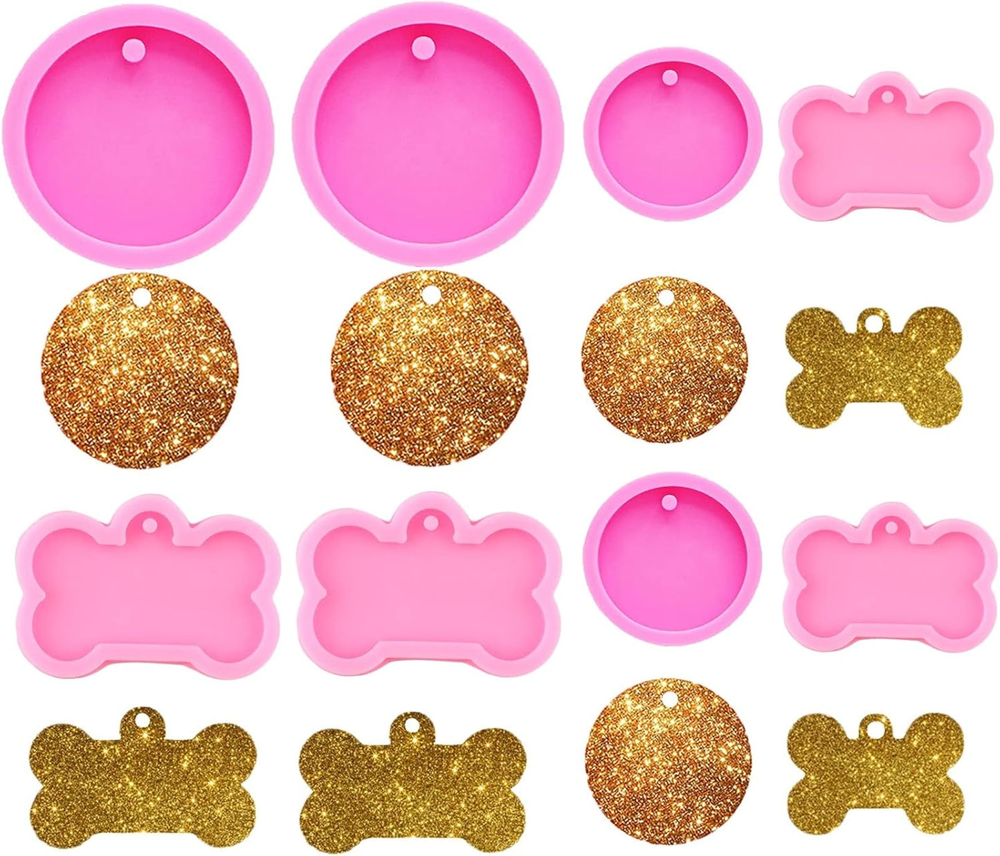 ESEENS 8 Pack Shiny Bone Shape Tag Resin Mold Dog Bone Shape Handmade Keychain Silicone Mold For Resin Epoxy Mold Round Tag Pendant Keychain Mold Tag Mold