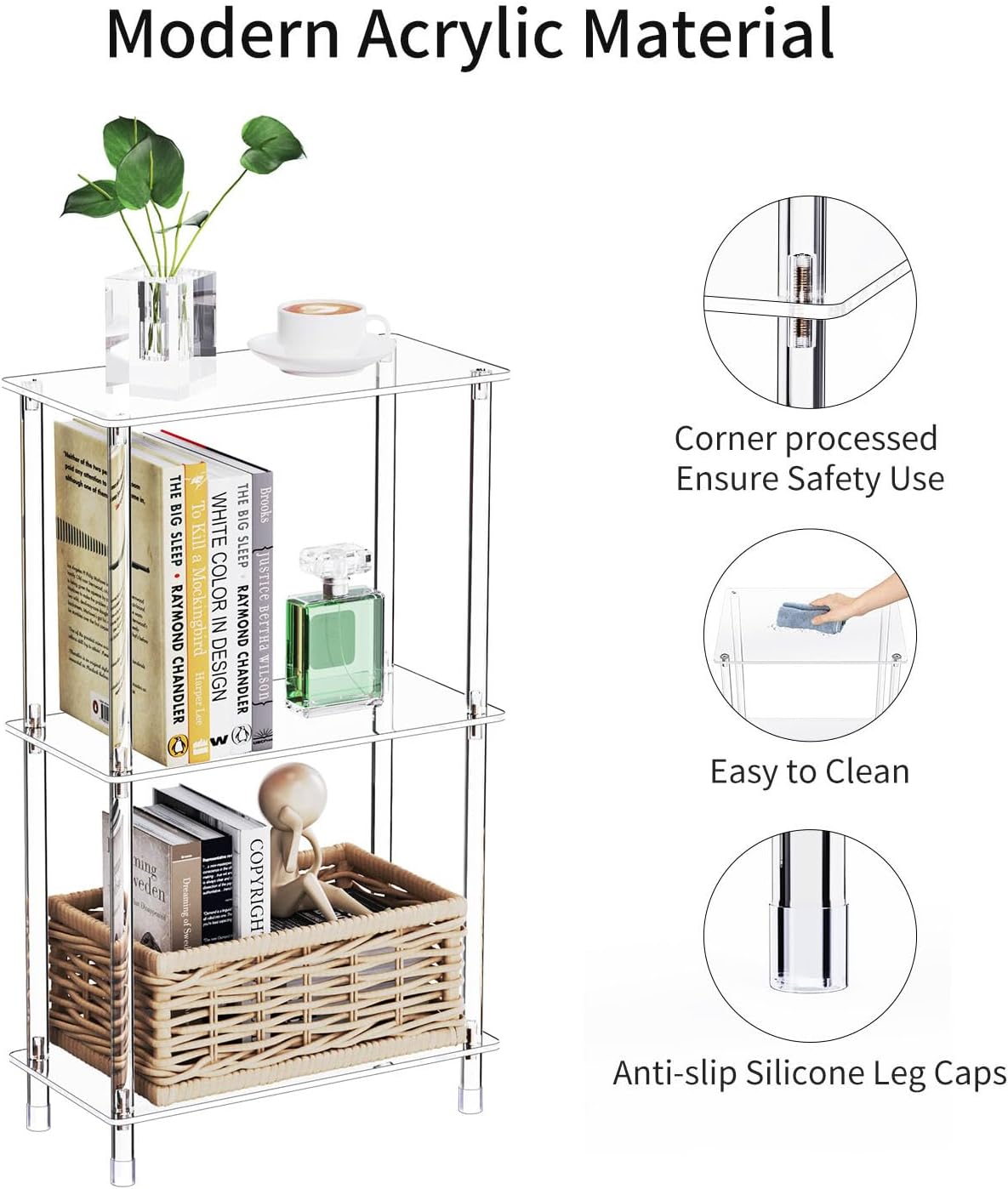 Clear Acrylic Narrow Side Table Set of 2 for Small Spaces, 15.75" L x 7.87" W x 26.7" H, 3 Tier Rectangle Slim End Table Nightstand, Small Mini Skinny Bedside Table for Bedroom, Living Room