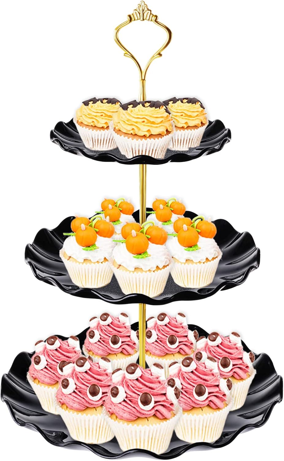 3 Tier Cupcake Stand Holder, Plastic Cup Cake Stand Towel with Tiered Serving Tray for Cupcakes, Donuts, Fruits and More, White (Black)