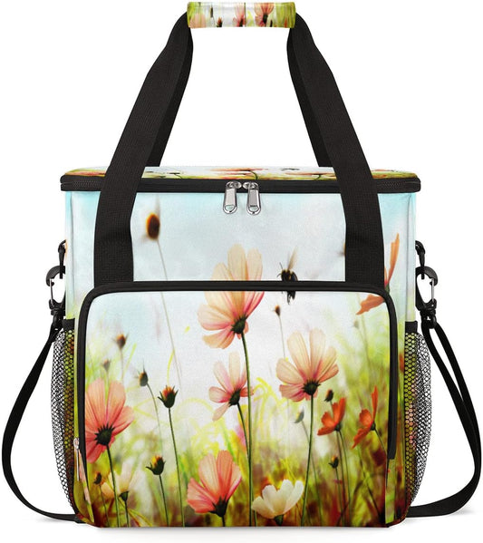 Spring Flower Coffee Maker Carring Bag Colorful Floral Travel Storage Tote Bag Compatible with Keurig K-Mini or K-Mini Plus Portable Single Serve Coffee Brewer Case with Pockets for K-cup Pods
