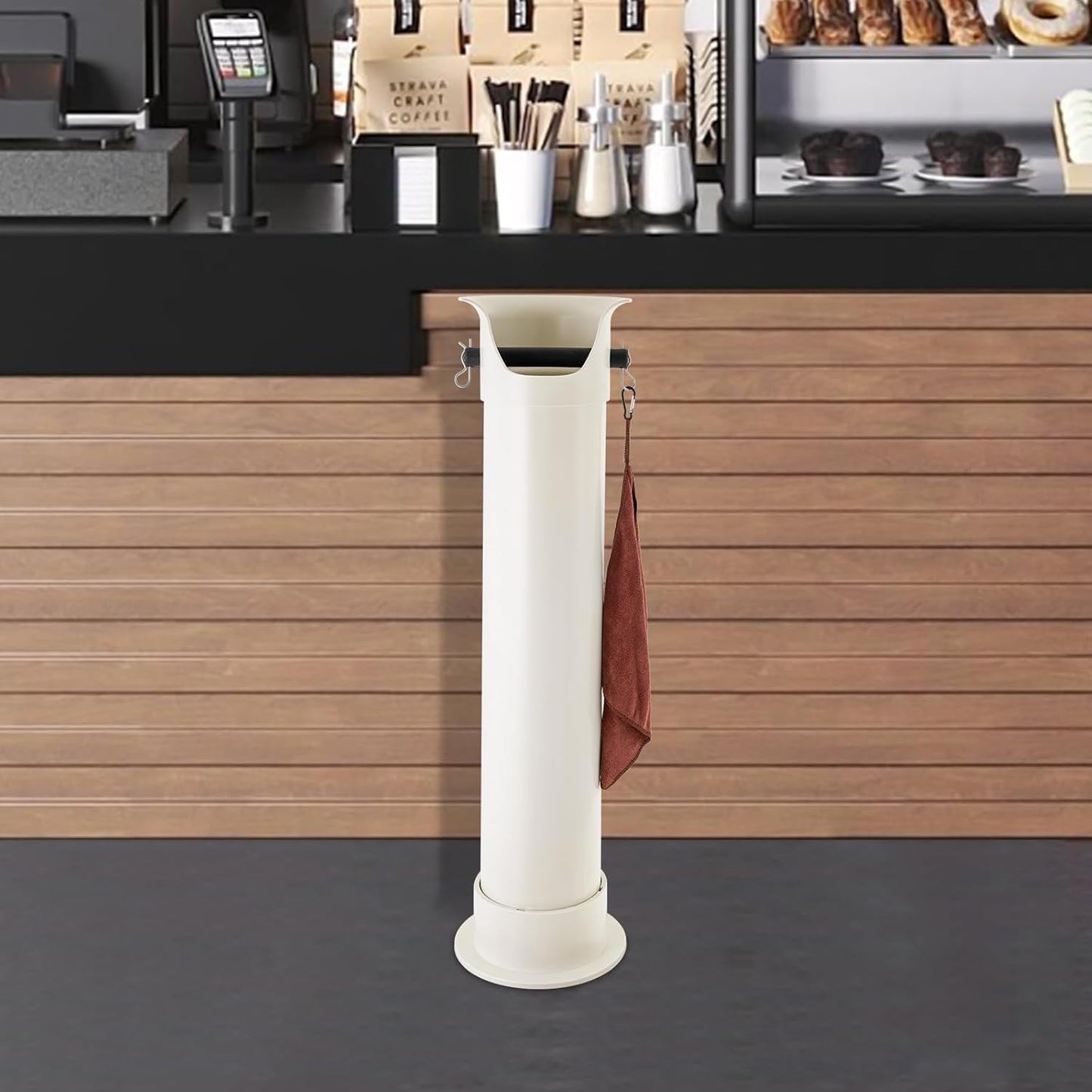 Espresso Coffee Knock Box, Commercial Knock Box for Espresso Coffee Grounds, Floor Standing Coffee Knock Box with 30pcs Garbage Bags and Towel (White)