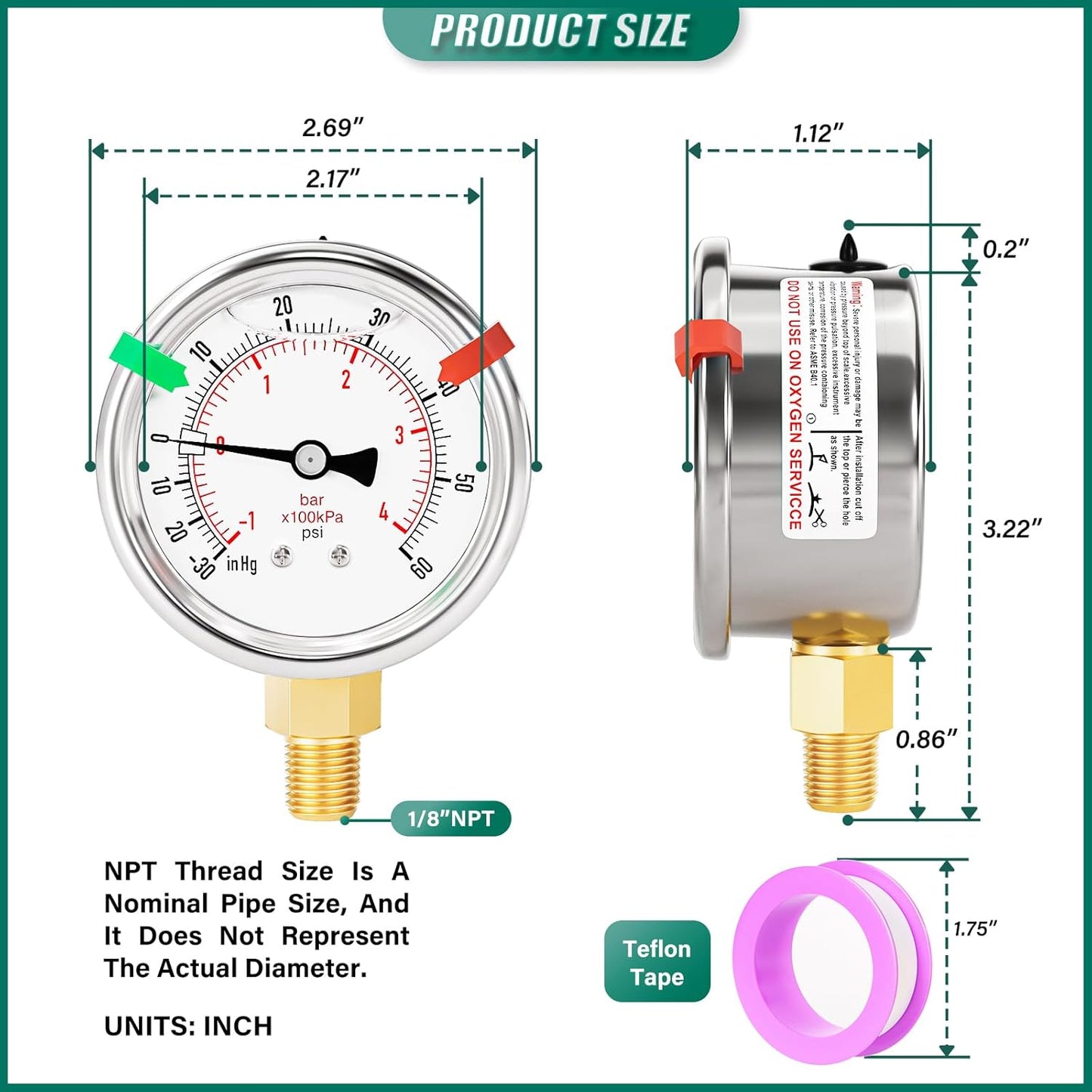 -30inHG-60PSI Stainless Steel Liquid Filled Pressure Gauge, 2.5" Dial Size, 1/8" NPT Lower Mount, for Tube, Water Pump, Gas, Liquid, Pressure Test (with Range Mark Pointer)