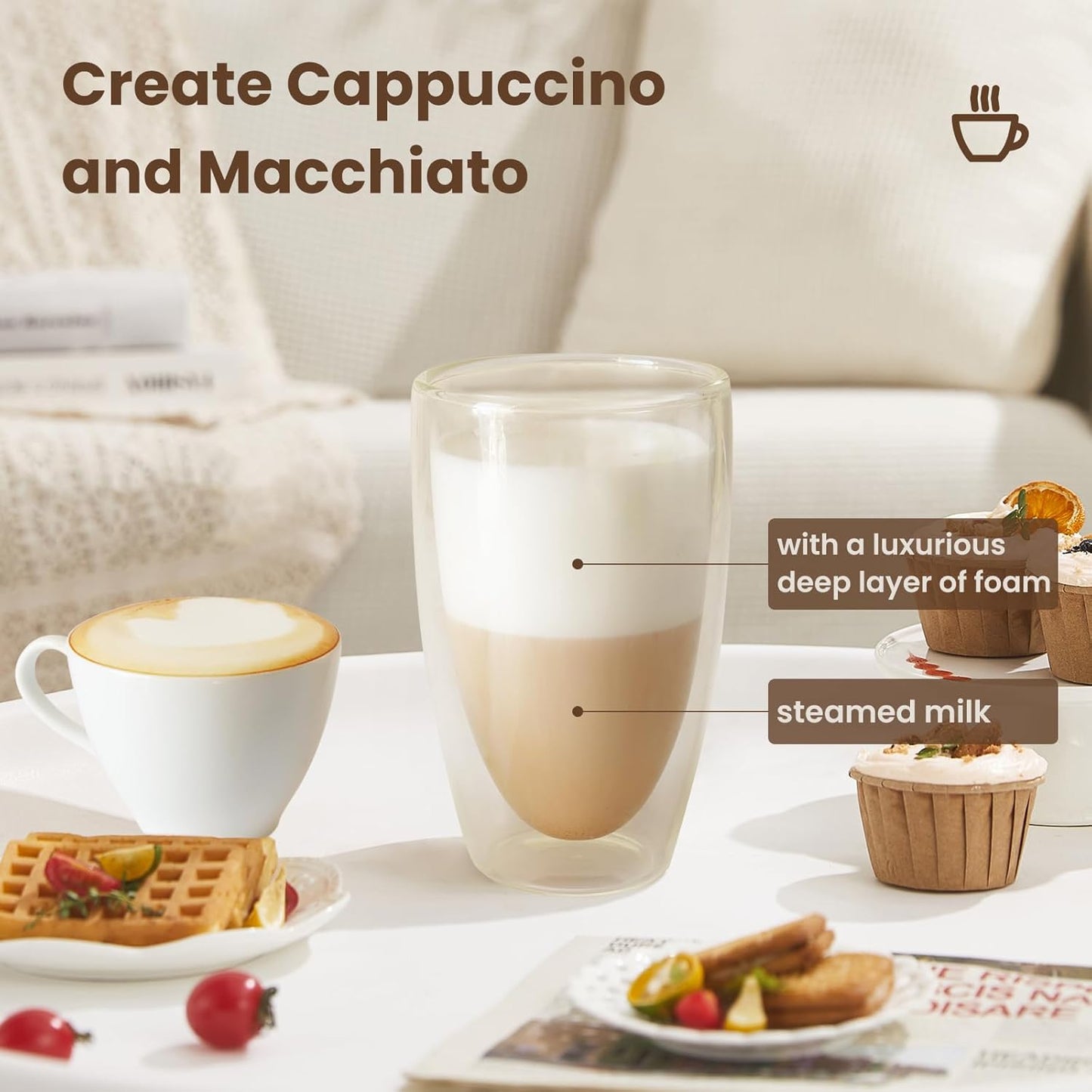 Stainless Steel Milk Frother and Steamer, 12oz Electric Milk Warmer & Foam Maker, 3in1 Hot Cold Frothing, Warm Thick Foam for Macchiatos, BPA Free