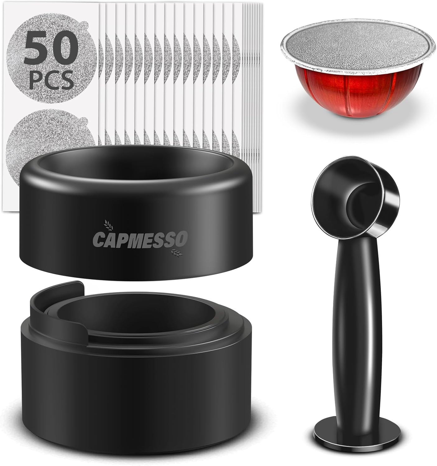 CAPMESSO Reusable Vertuoline Pod Refill Kit, 2024 Innovative for Faster Seal Reusable Vertuoline Pods with Fill & Press Brush,50pcs Aluminum Lids for Vertuoline Pod (50 Lids+1 Holder+1 Scoop)-NO PODS