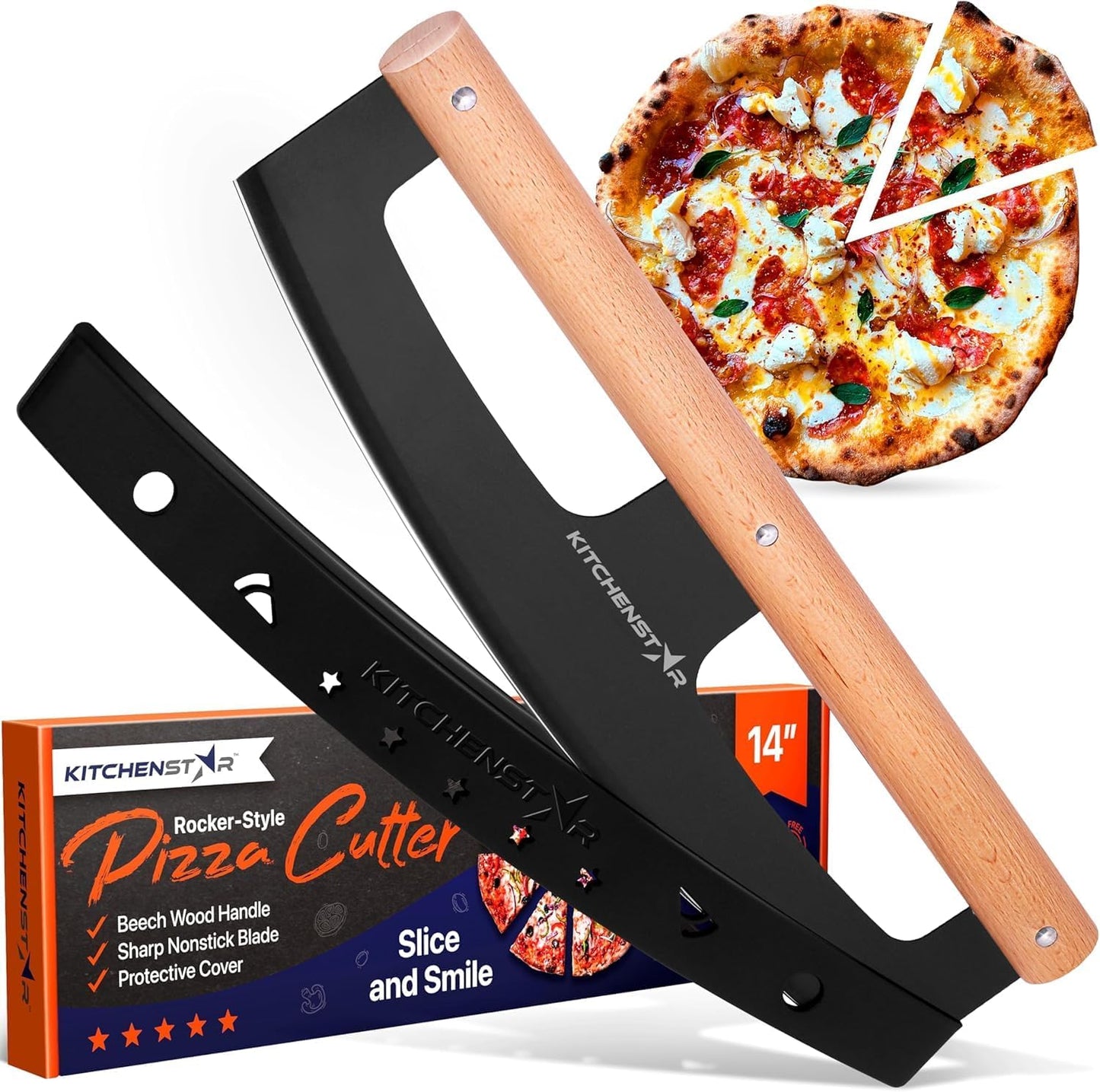 KitchenStar 14-Inch Pizza Cutter Rocker Blade - Razor Sharp Stainless Steel Slicer Knife, Stylish Beech Wood Handle, Protective Cover - Professional Pizza Oven Accessories, Black