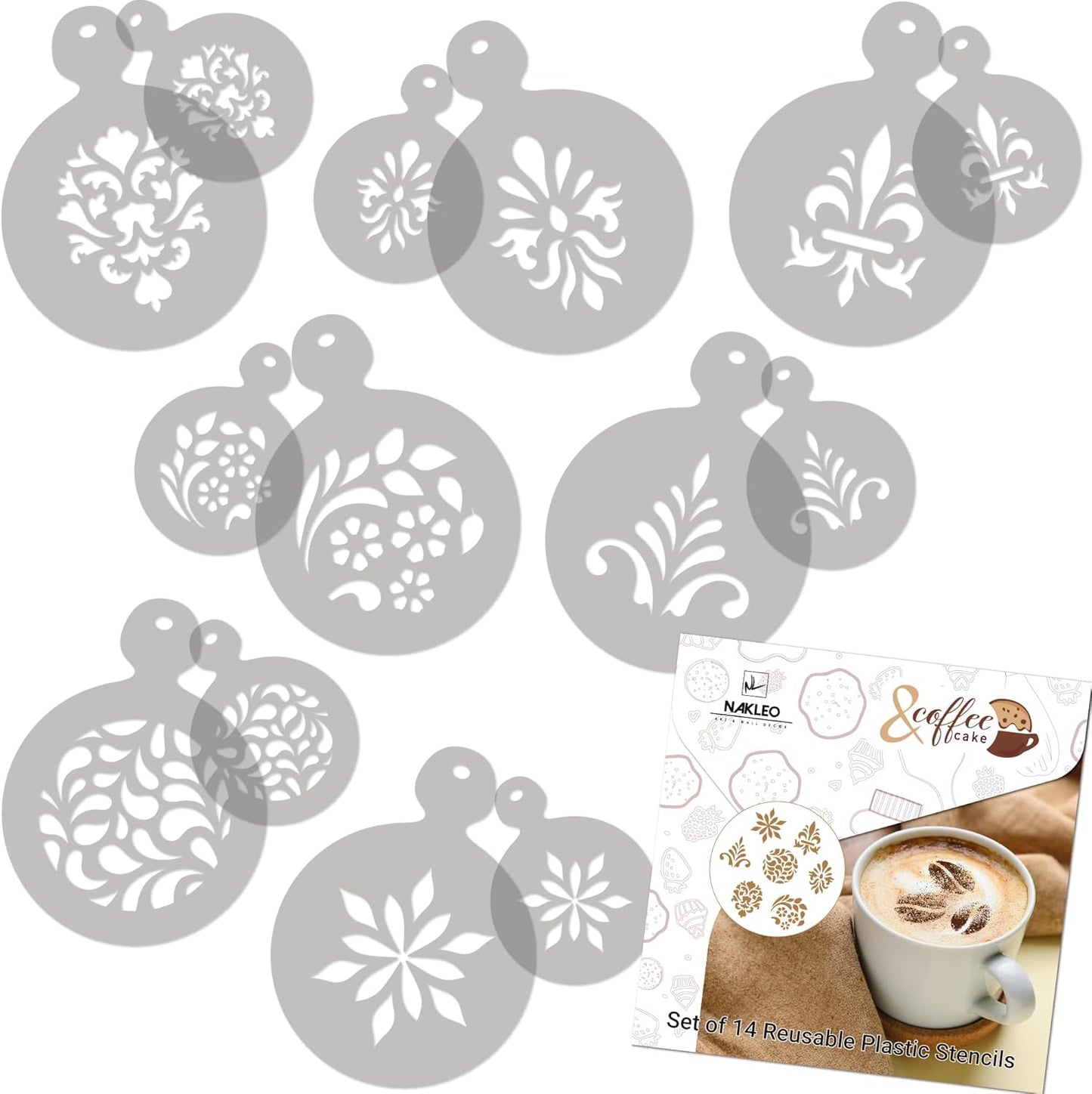 NAKLEO Coffee Stencils and Cookies Decoration 14Pcs 2.8”x2.8” and 4.3”x4.3”, Reusable Plastic Baking Templates, Ornament Pattern Decor, Barista DIY Art Craft, Capuccino Latte Chocolate Cake Biscuit