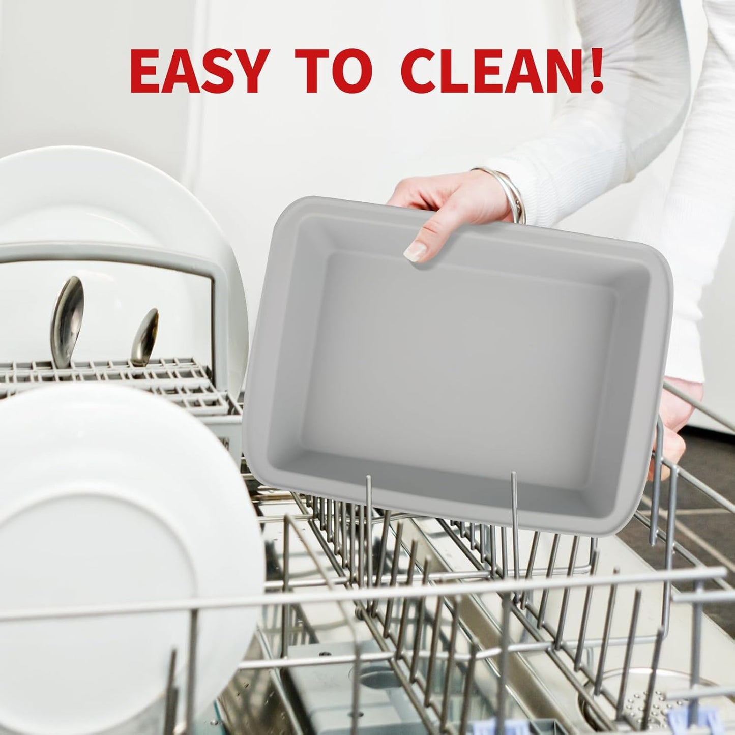 Silicone Baking Mold, Detroit Style Pizza Pan, Rectangular Baking Dish with Handles, Compatible with Fancy Panz, for Lasagna, Cake, Brownie or Family Dinner, 12.6 x 9.8 x 2.1 Inch (2 Pack, Grey)