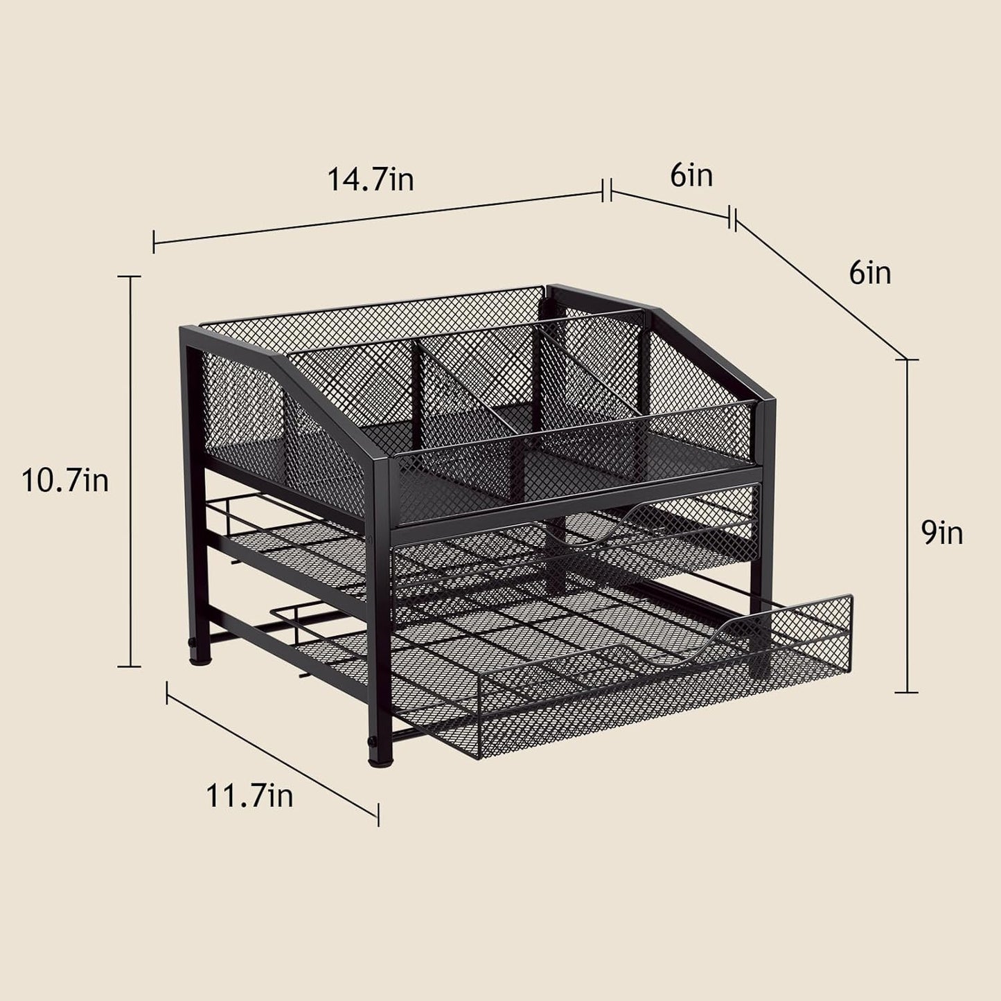 Coffee Bar Organizer - Coffee Station for Countertop, Metal and Wood K Cup holder Storage Basket for Syrup, Cups, Stirrer, Condiment, Tea Organizer, Black