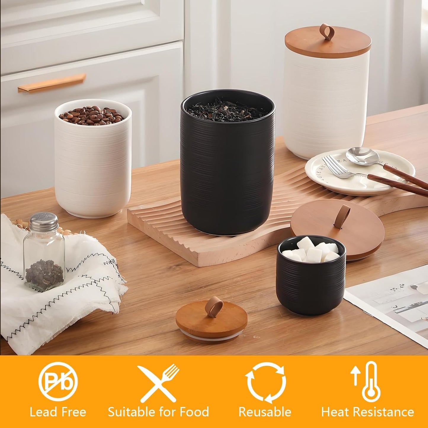 Food Storage Jar Strong Ceramic Storage Canisters with Airtight Wooden Lid,Kitchen Storage Containers for Serving Coffee Beans, Tea, Sugar, Salt, Spices (Black three-piece set)