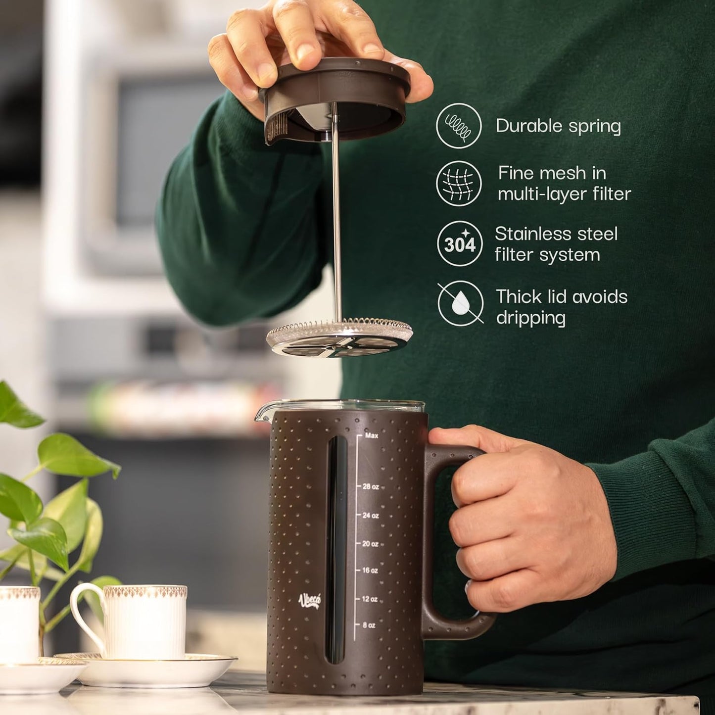 The 34oz Large French Press Coffee Maker – Elegant Borosilicate Glass Carafe, Heat-Resistant & Minimalist Handle, Premium Design for Coffee, Tea & Hot Drinks – BPA-Free 1000ml Coffee Brewer