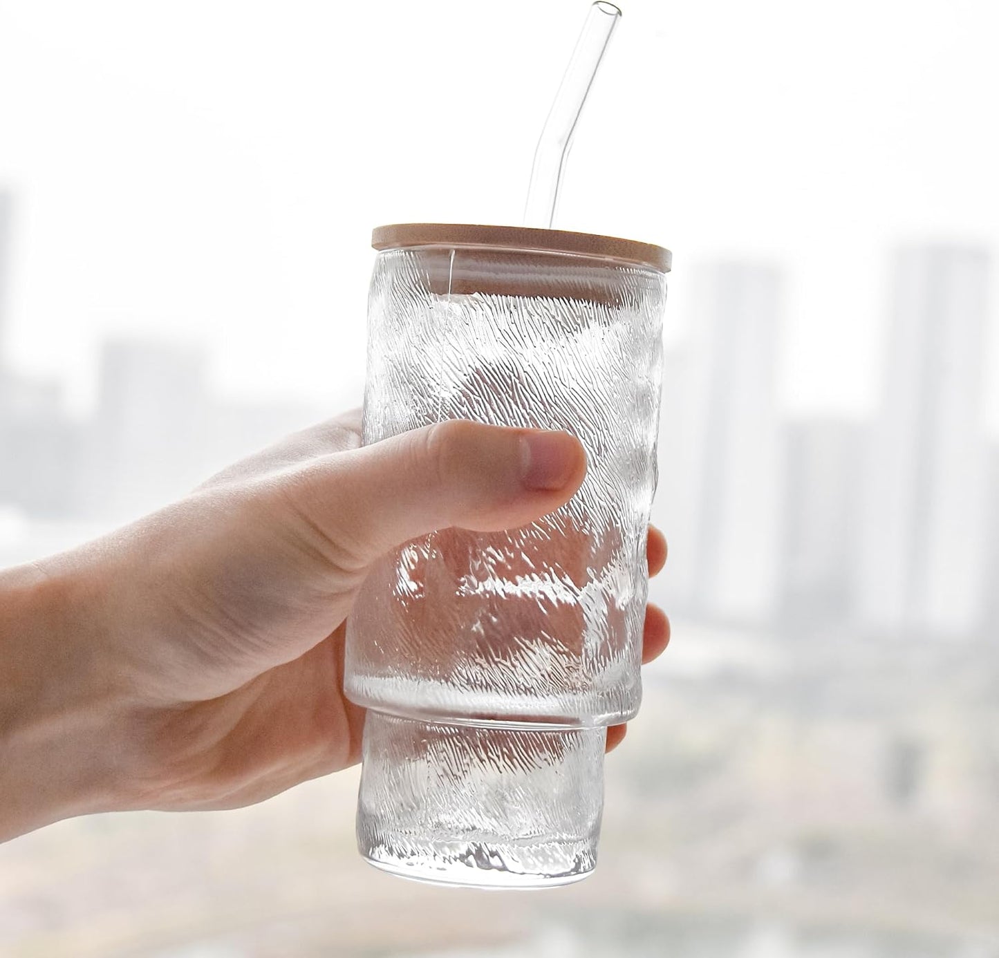 4 Pcs 11 oz Drinking Glasses Cups Set with Bamboo Lids Straws Brush Ribbed Vintage Glassware Set for Tea Iced Coffee Beer Cocktail Whiskey(Ribbed*4)