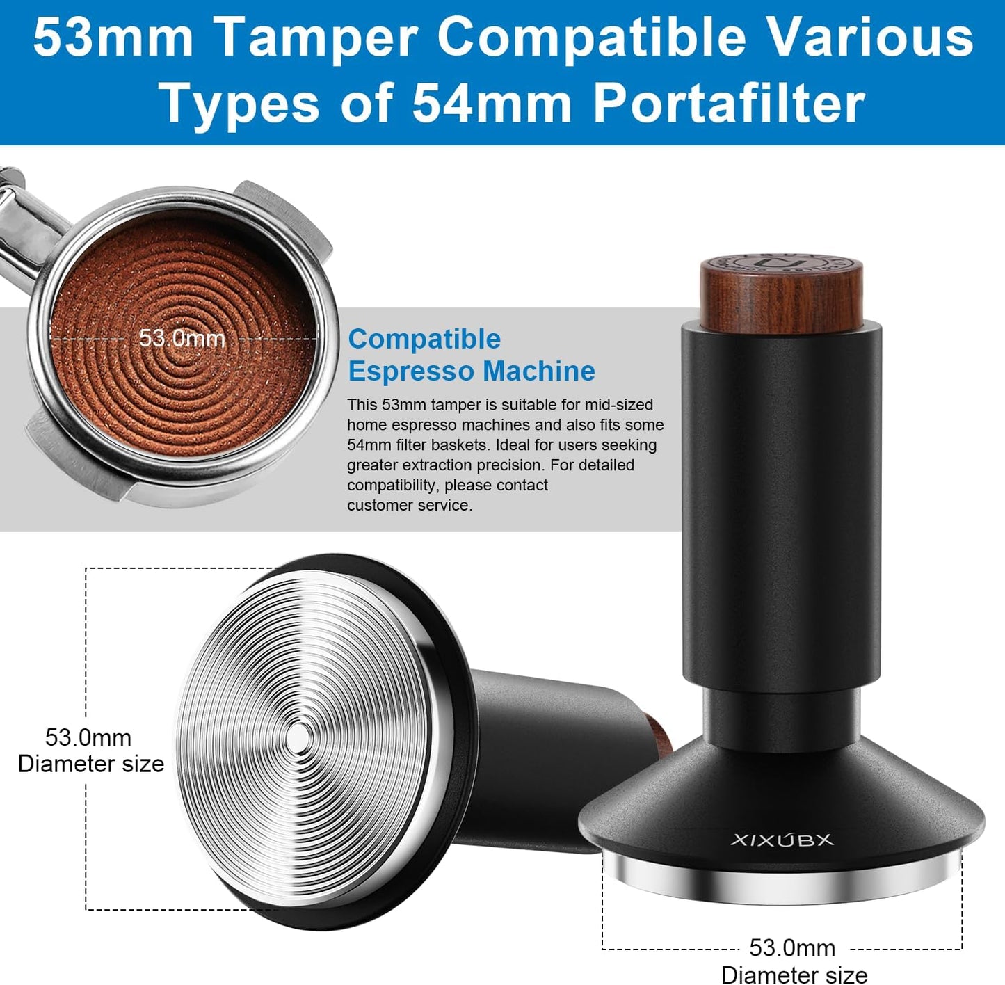 53mm Espresso Tamper & Magnetic WDT Tool, Barista Cofee Tamper with Spring Loaded, Anodized Aluminum Alloy Handle, Stainless Steel Corrugated Base with Cover for Portafilter Basket