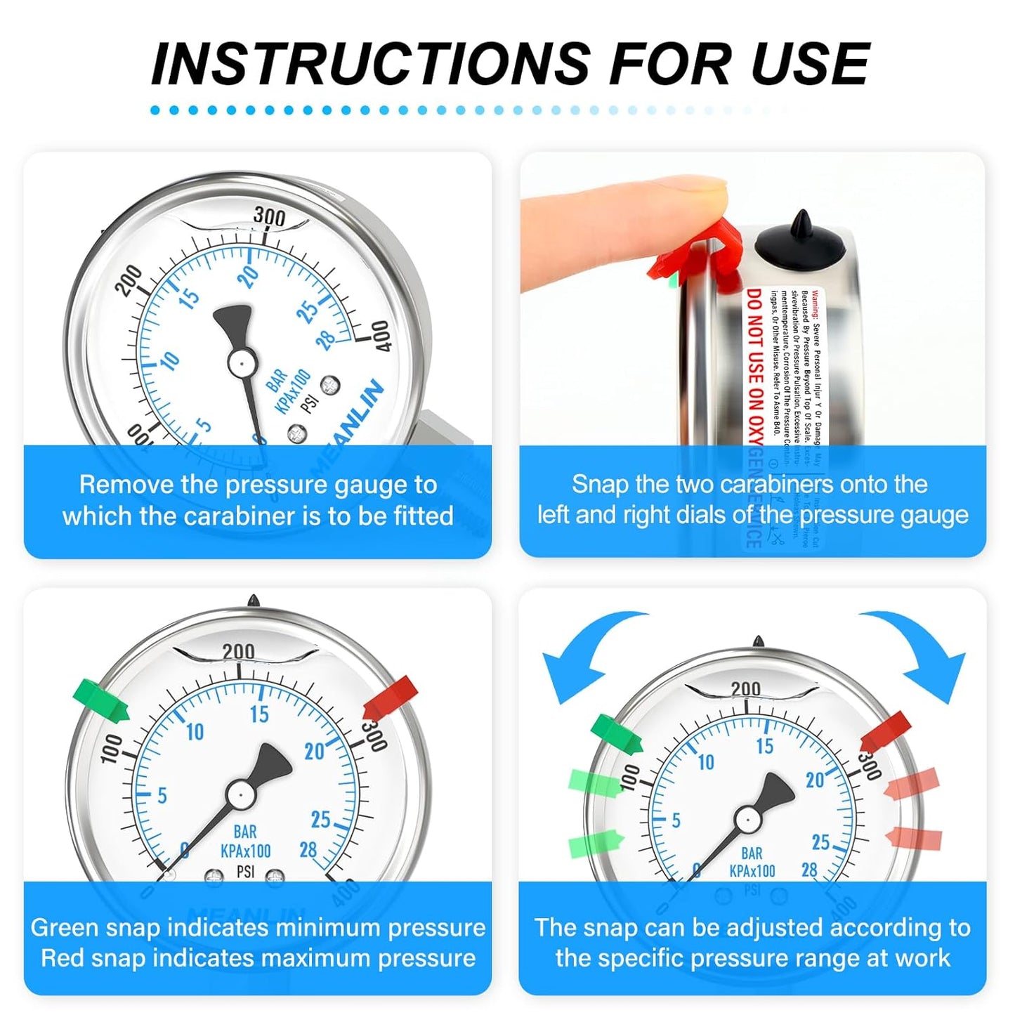 MEANLIN MEASURE 0~400Psi Stainless Steel Liquid Filled Pressure Gauge 2.5" FACE DIAL 1/4" NPT for Air Compressor Air Regulator Water Filter Lower Mount with Stainless Steel Hex Bushing and Snaps