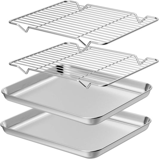 Wildone Baking Sheet with Rack Set [2 Sheets + 2 Racks], Stainless Steel Cookie Pan baking Tray with Cooling Rack, Size 12 x 10 x 1 Inch, Non Toxic & Heavy Duty & Easy Clean