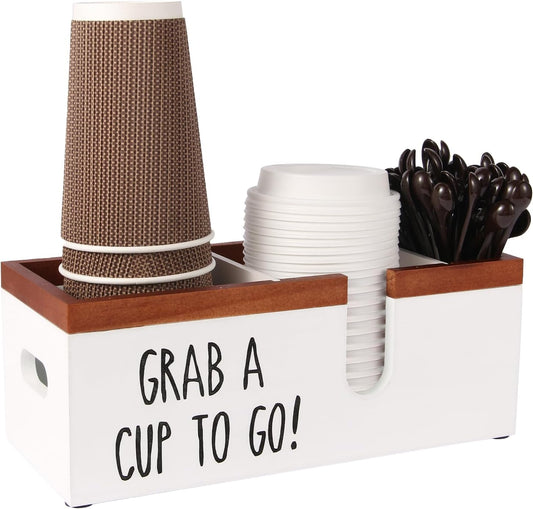 100% Wooden Coffee Cups Holder with U-Shape Cutout Design for Countertop-Coffee Bar Organizer for Cups, Lids, Pods, Stirrers, and Accessories, Great Gift for Home or Office (White)