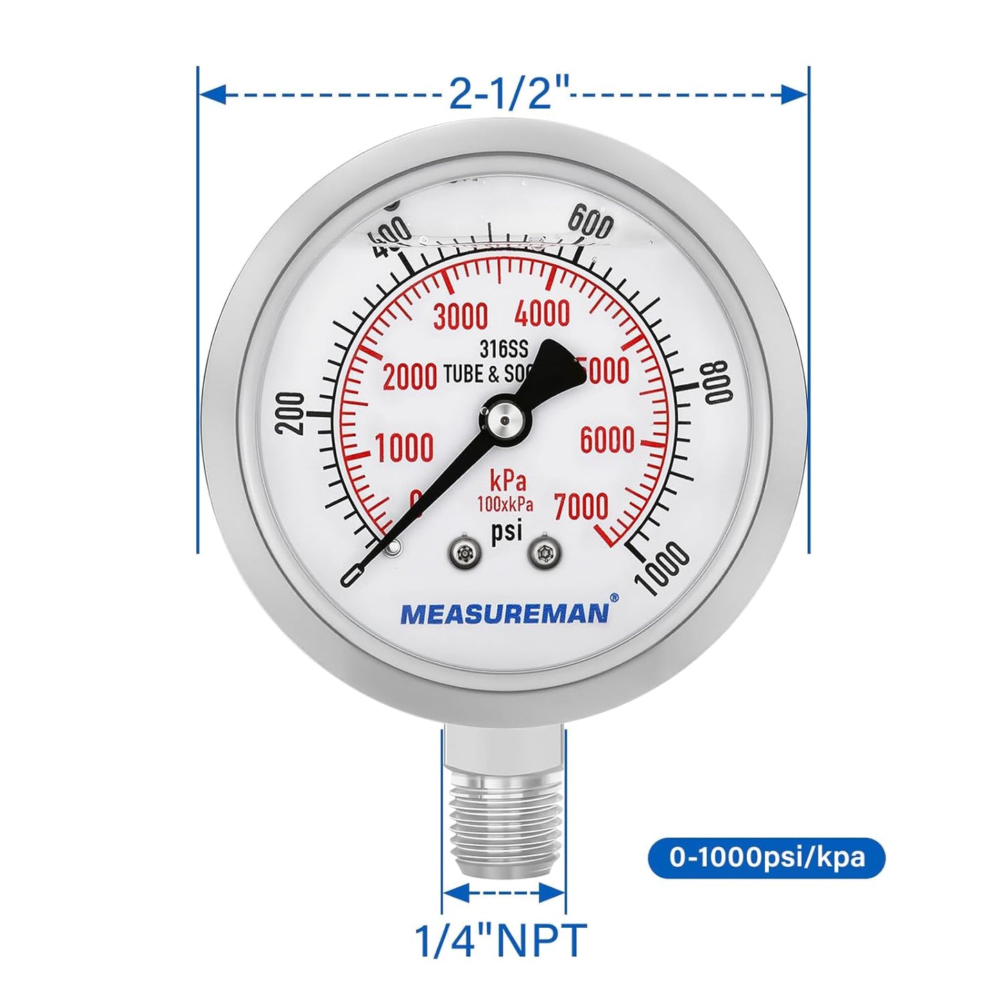 MEASUREMAN Pressure Gauge, 0-1000 PSI/kPa, Glycerin Filled, 1/4 NPT Lower Mount
