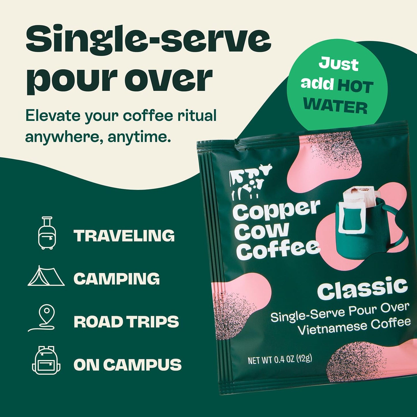 Copper Cow Premium Pour Over Single-Serve Vietnamese Coffee | Classic Black | Includes 8 coffees