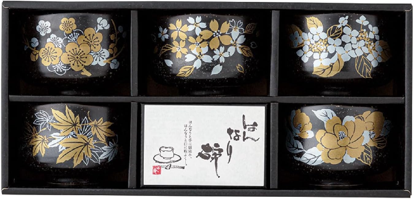 Japanese Traditional Handcrafted Matcha Chawan Tea Bowl Cup Set of 5 Ceremony Tableware Pottery (Hannnari Wan Zoroi Tenmoku)