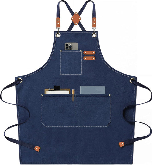 AFUN Chef Aprons for Men Women with Large Pockets, Cotton Canvas Cross Back Heavy Duty Adjustable Work Apron, Size M to XXL (Darkblue)