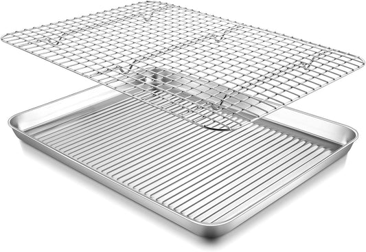 P&P CHEF Baking Oven Pan with Wire Rack, Stainless Steel Baking Oven Sheet Tray, Bacon Pan and Cooling Rack for Cooking Roasting Cookie, Dishwasher Safe & Easy Clean, 16 x 12 x 1 Inch