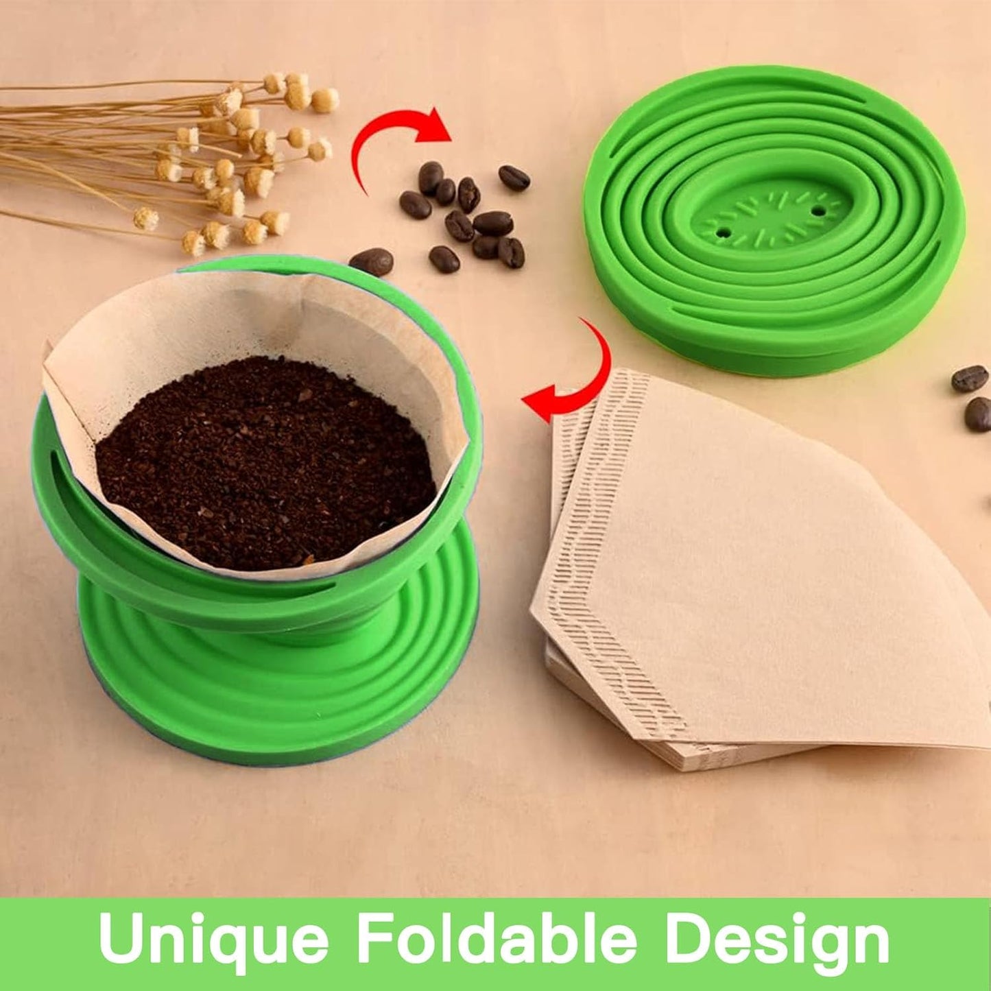 Collapsible Pour Over Coffee Dripper Set - Silicone Reusable Cone Filter Holders with 100Pcs Paper Filters - For Home, Camping, Travel, Office (1, Green)
