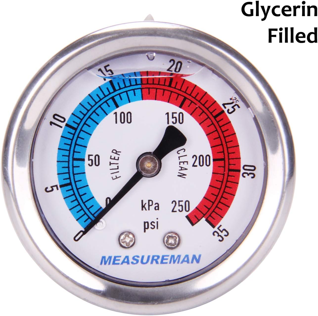 MEASUREMAN 2" Dial Size, Liquid Filled Pool Filter Pressure Gauge, 304 Stainless Steel Case, 0-35psi/250kpa,1/4" NPT Center Back Mount