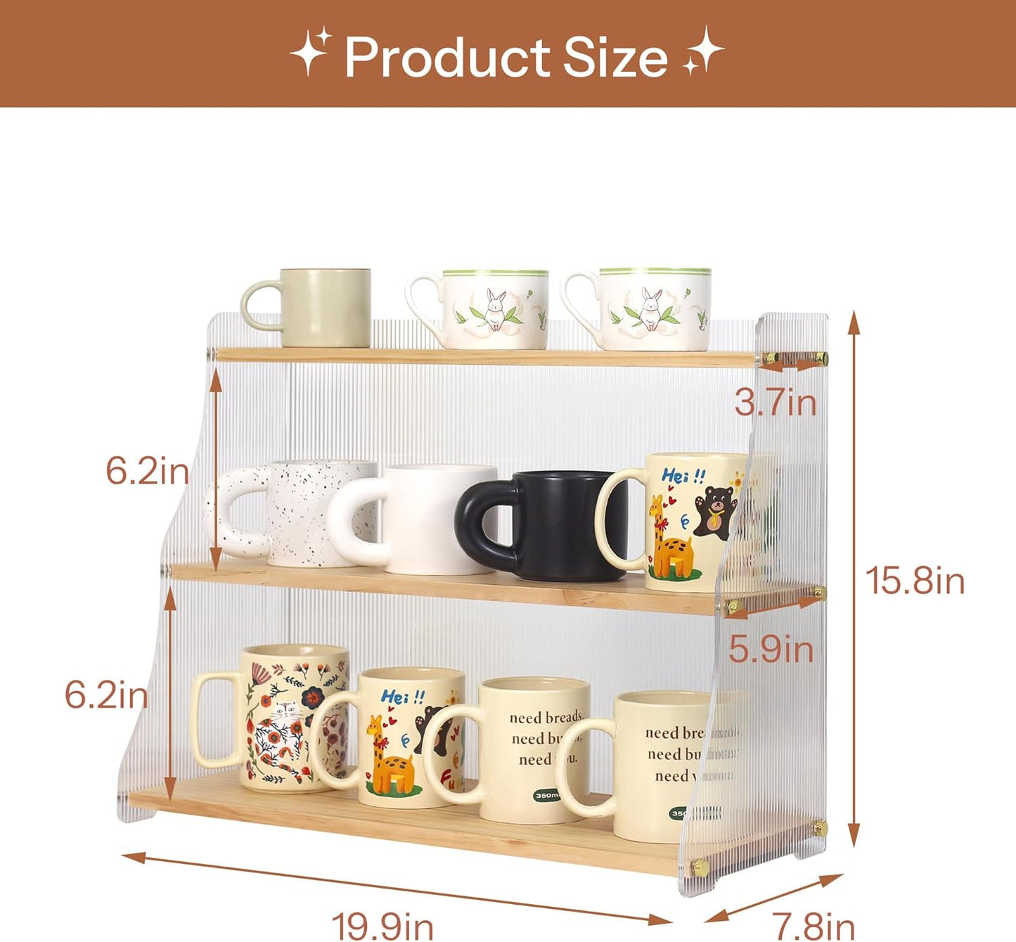 Coffee Mug Holder Wooden Cup Station Organizer 3 Tier Cup Holder for Coffee Bar Mug Display Rack for Countertop Mug Holder Shelf for Home Kitchen Trapezium-Pinewood