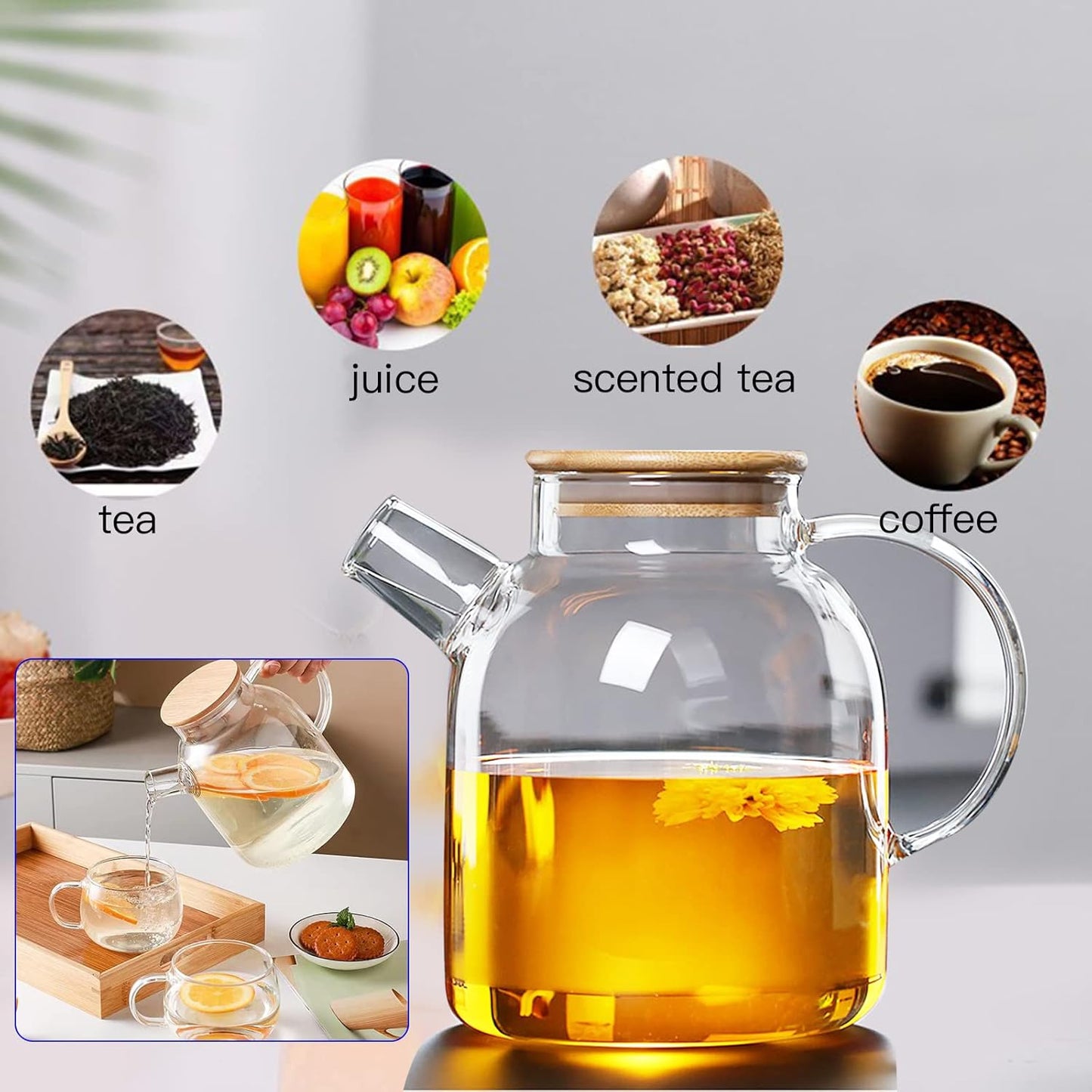 60.8oz Glass Teapot, Stovetop & Microwave Safe Glass Borosilicate Tea Pot,Clear Teapot with Strainer, Glass Tea Kettle with Wooden Lid, Loose Leaf、Fruit Tea and Fragrant Tea