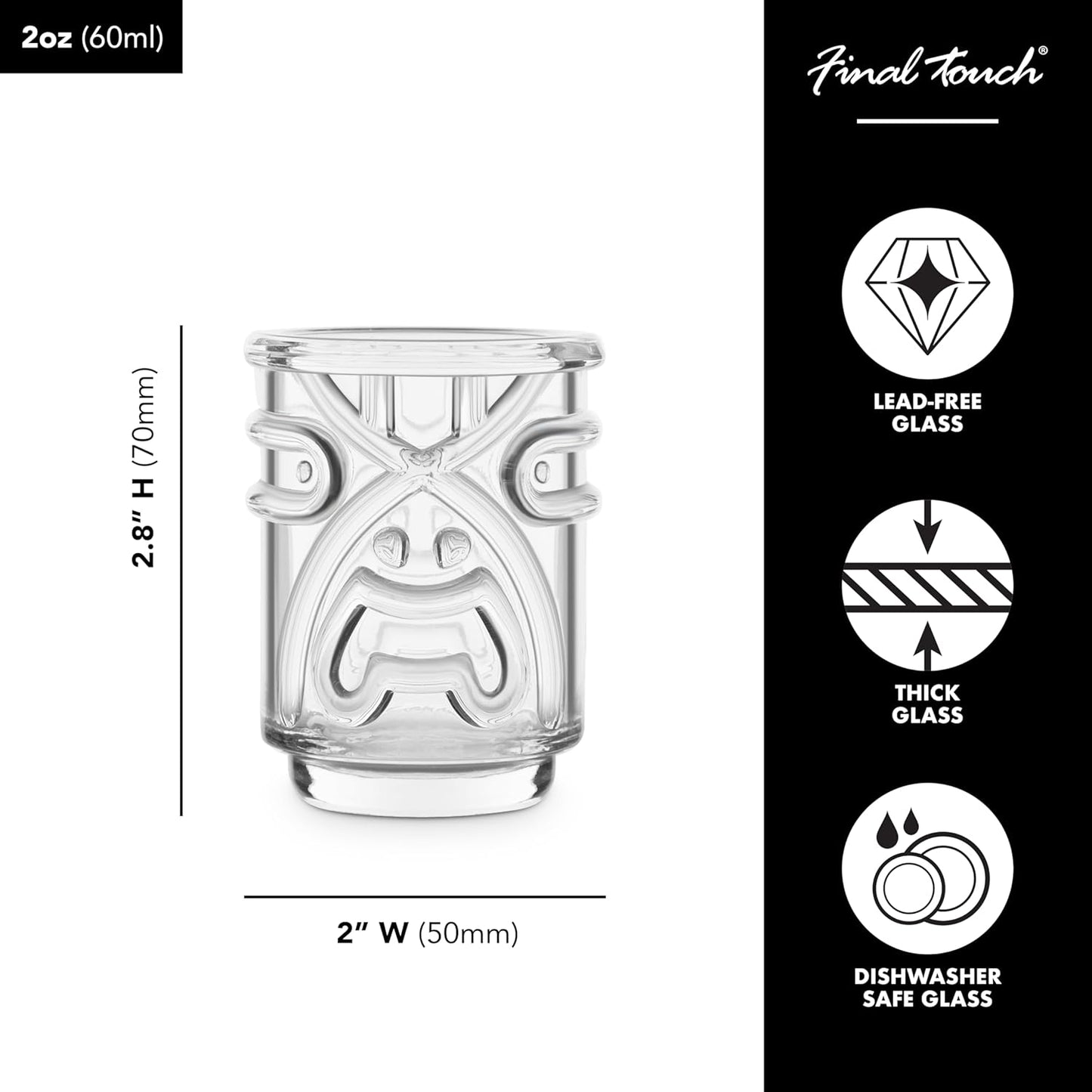 Final Touch Tiki Shot Glasses Set of 4 - Kanaloa, Lono, Kū, Kāne Designs, 2 oz (60 ml), Clear, Stackable Totem Pole Storage, Durable Glassware for Tropical Shots (TK5301)