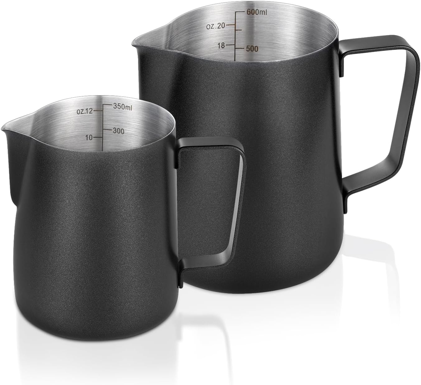 2 Pack Matte Black Milk Frothing Pitcher, 12oz/350ml & 20oz/600ml Espresso Steaming Pitcher, Stainless Steel Milk Frother Steamer Cup, Perfect for Espresso Coffee Cappuccino Latte Art
