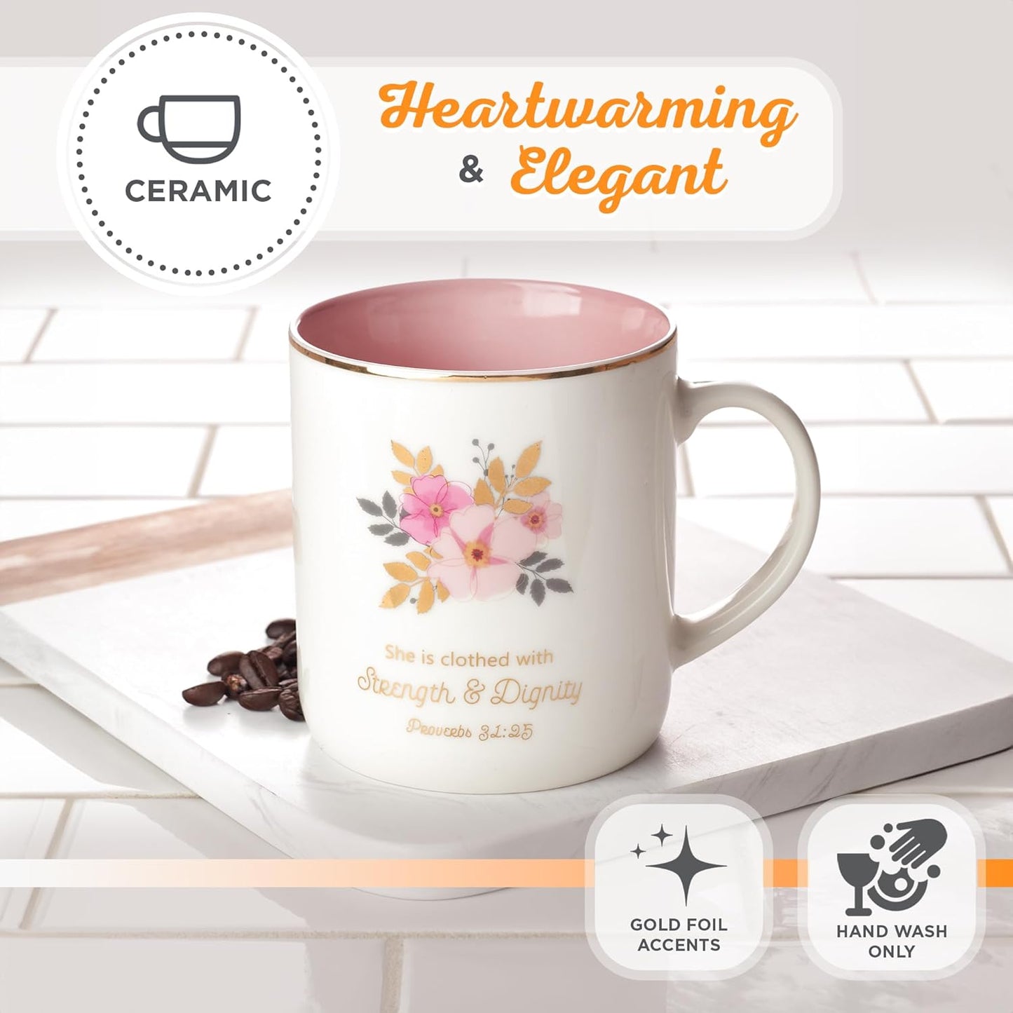 Christian Art Gifts Pink Ceramic Coffee Mug with Gold Rim – 14 oz. Lead and Cadmium-free Inspirational Scripture Coffee and Tea Mug for Women with Bible Verse: Strength and Dignity – Proverbs 31:25