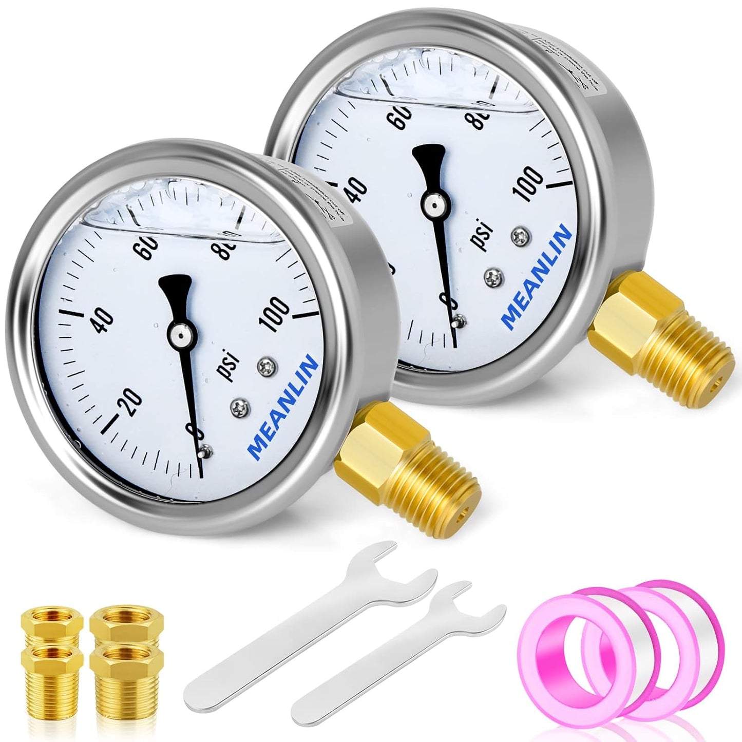 MEANLIN MEASURE 2pcs 0~100Psi Stainless Steel 1/4" NPT 2.5" Single Scale FACE DIAL,Glycerin Filled Pressure Gauge, Lower Mount with 1/4" x 1/2" NPT and 1/4" x 3/8" NPT Hex Bushing