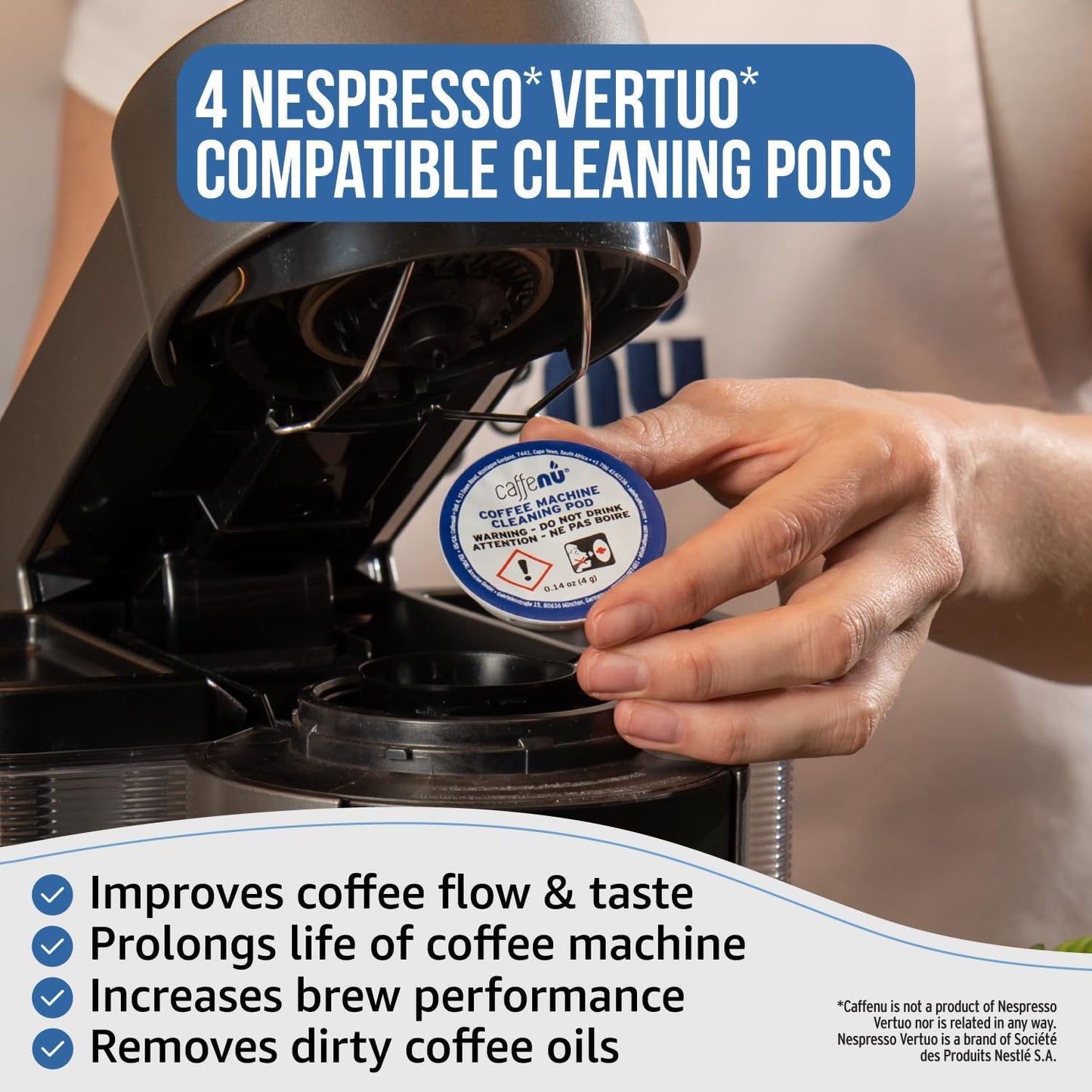 Caffenu Cleaning Pods Compatible with Nespresso Vertuo. 4 Cleaner Capsules. For Improved Coffee Flavor and Crisp Coffee. Use with Descaling Kit