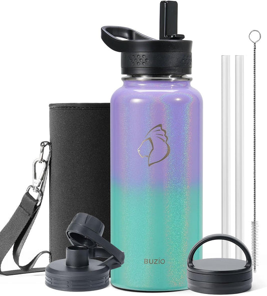 BUZIO 32 oz Water Bottle Insulated with Straw & 3 lid and Carrying Pouch, Leak Proof Anti-Slip Stainless Steel Water Flask Jug, Cold for 48 Hrs Double Vacuum Thermo Canteen, Pearlescent Purple Green