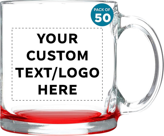 Custom Libbey Clear Glass Coffee Mugs 13 oz. Set of 50, Personalized Bulk Pack - Perfect for Coffee, Tea, Espresso, Hot Cocoa, Other Beverages - Red Bottom