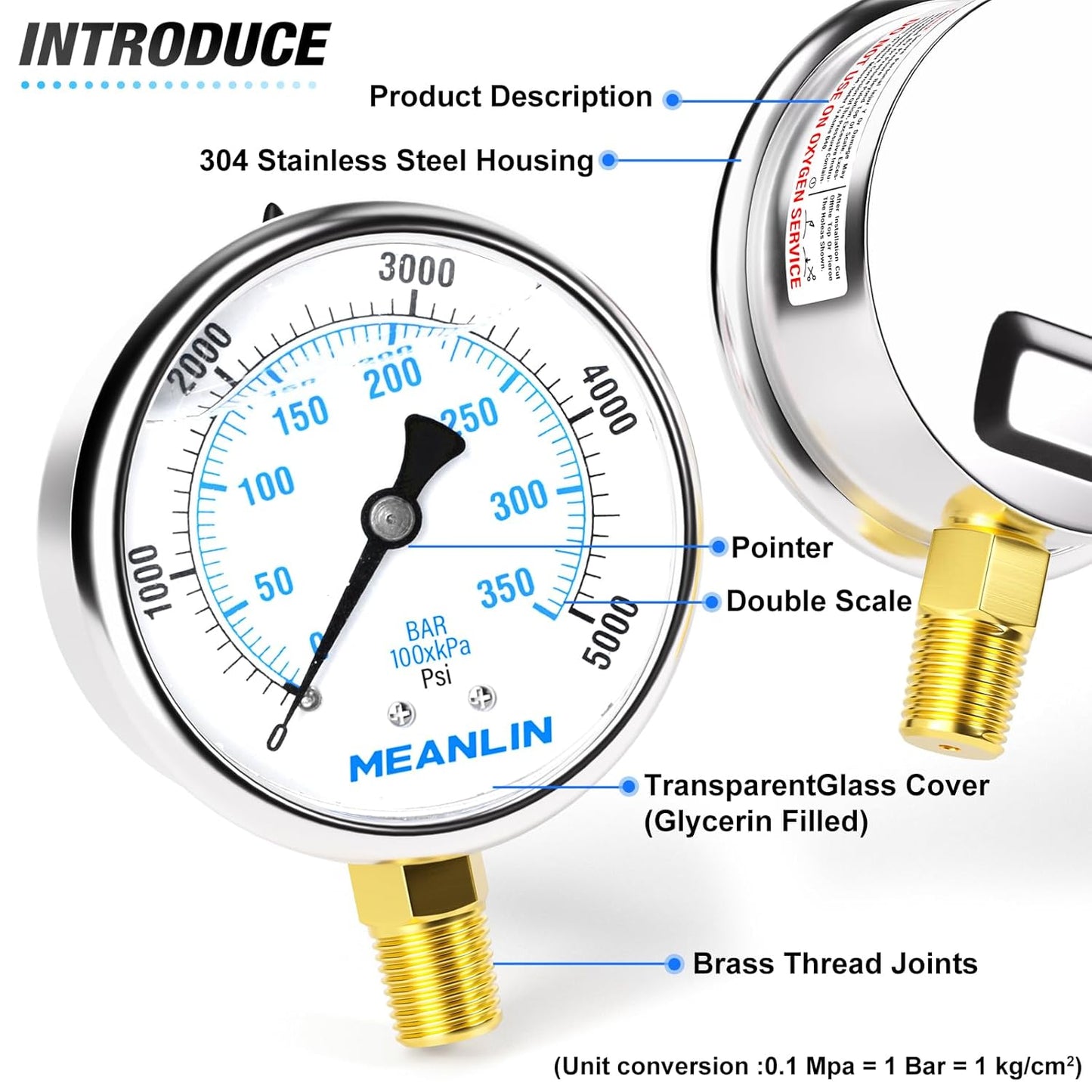 MEANLIN MEASURE 0~5000Psi Stainless Steel 1/4" NPT 2.5" FACE DIAL Liquid Filled Pressure Gauge WOG Water Oil Air Lower Mount, with 1/2" NPT and 3/8" NPT Hex Bushing