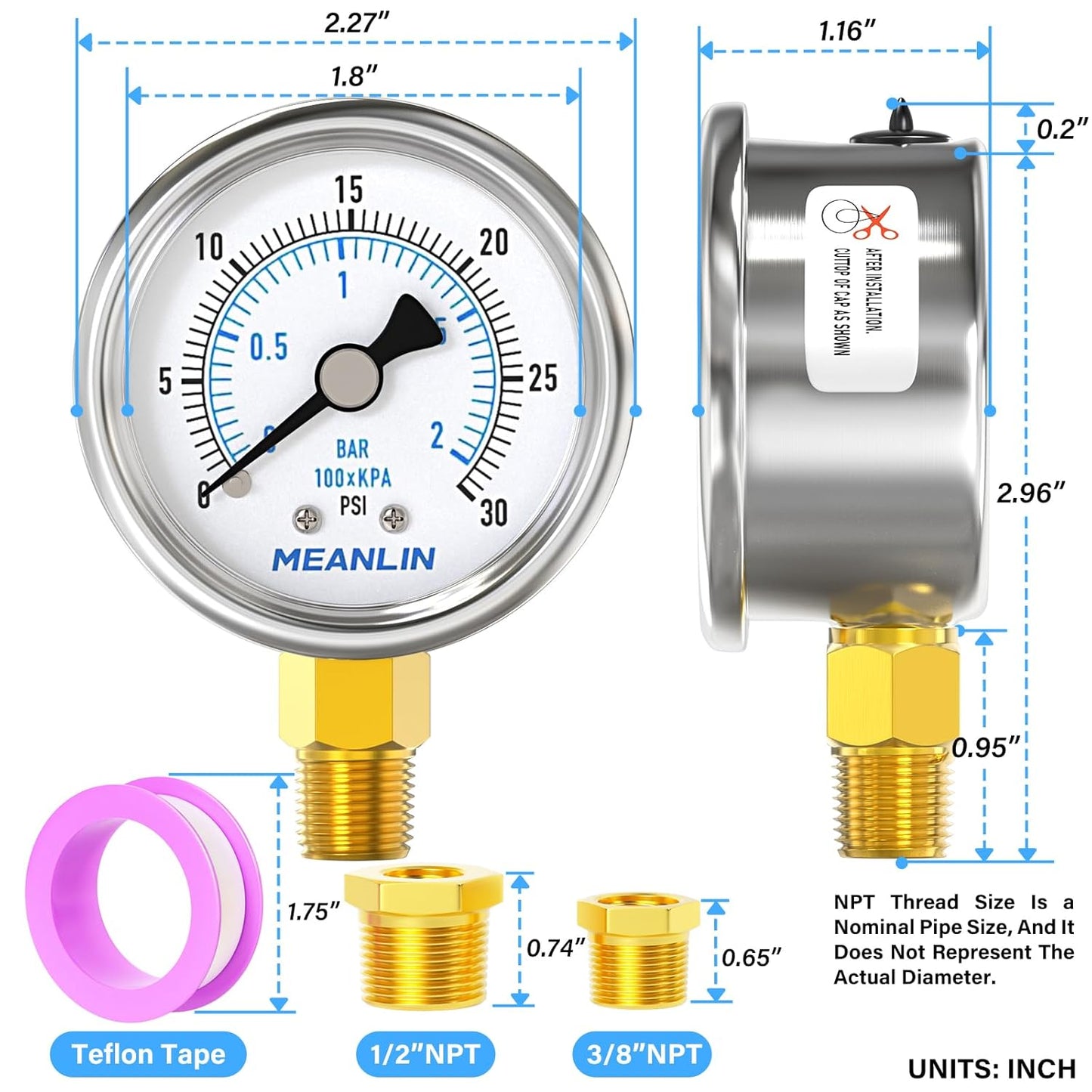 MEANLIN MEASURE 0~30Psi Dry Low Pressure Gauge Stainless Steel 1/4" NPT 2" FACE DIAL Waterproof for Pool Sand Filter Water Oil Air Pressure Test Lower Mount, with 1/2" NPT and 3/8" NPT Hex Bushing