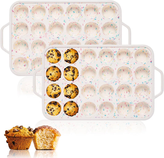 Silicone Mini Muffin Pan, 24 Cups Muffin Tin Baking Mold With Reinforced Stainless Steel Frame Inside, Nonstick Bakeware Cupcake Pan BPA Free, 2PCS